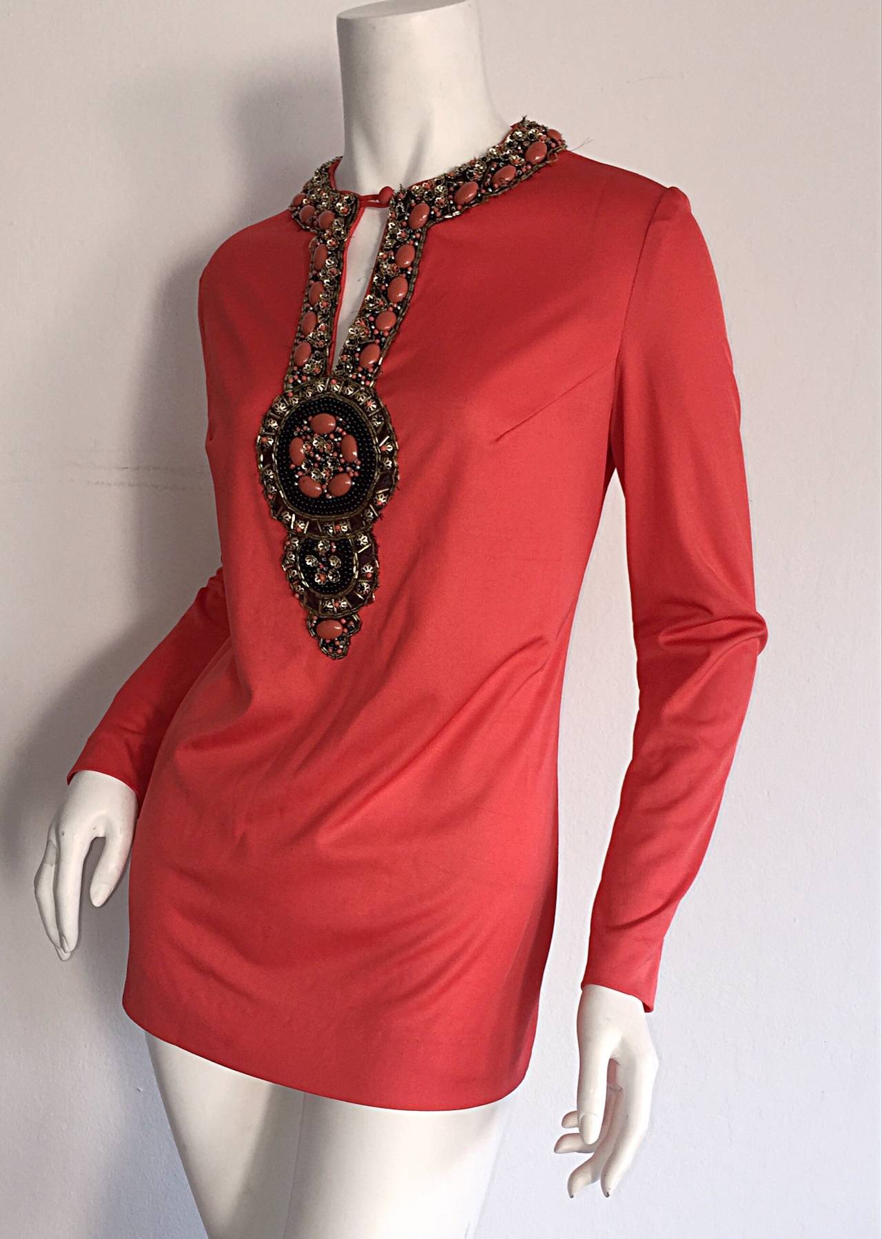 Red Beautiful 1960s Vintage Coral Beaded Jersey Jeweled / Beaded Tunic