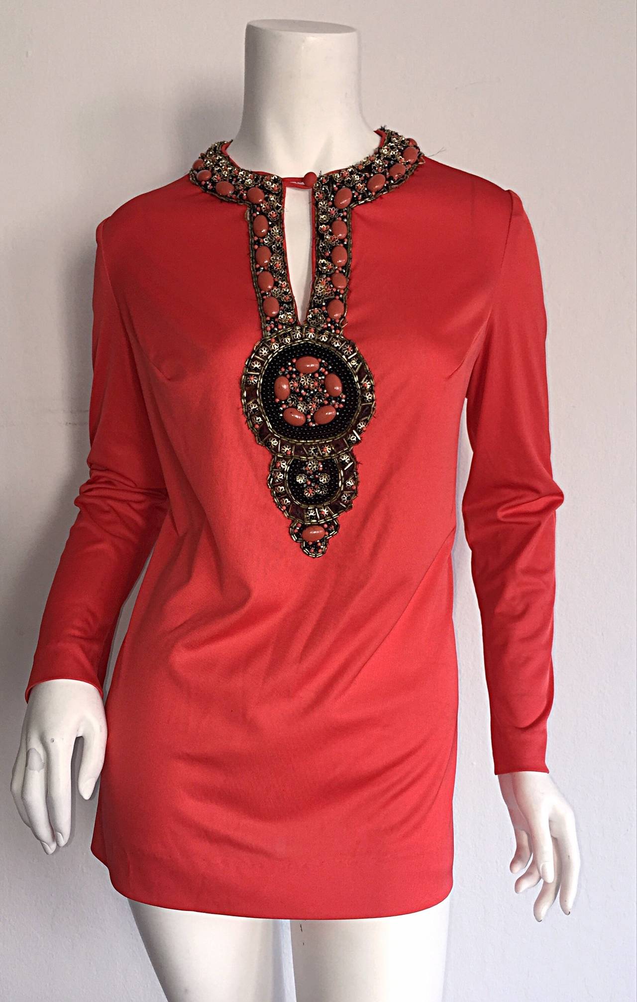 Beautiful 1960s Vintage Coral Beaded Jersey Jeweled / Beaded Tunic 1