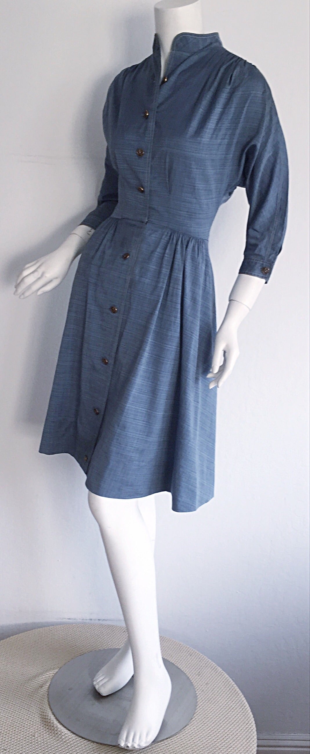 Purple 1940s Vintage B. Altman & Co. Denim Chambray Dress w/ Horse Buttons For Sale