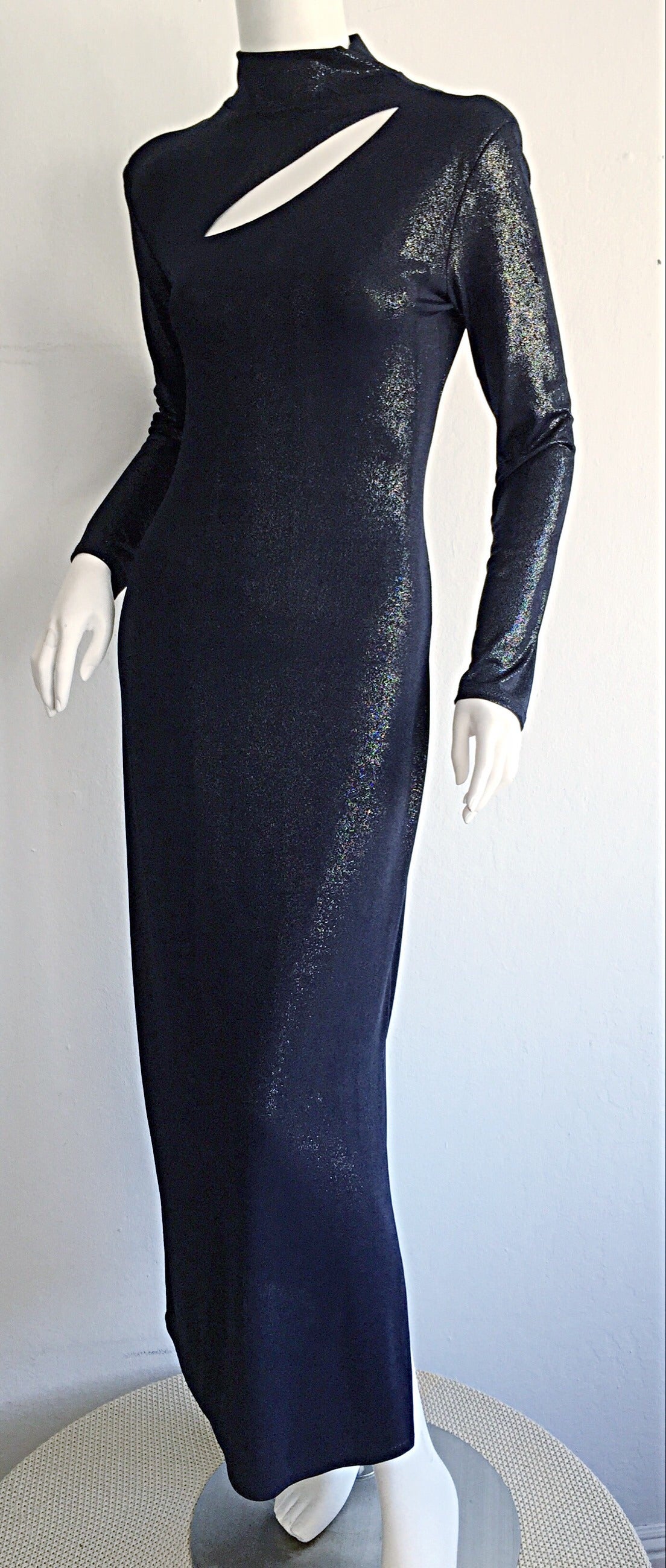 Women's Vintage Gianfranco Ferre ' Wet Look ' Midnight Blue Metallic Cut - Out Dress