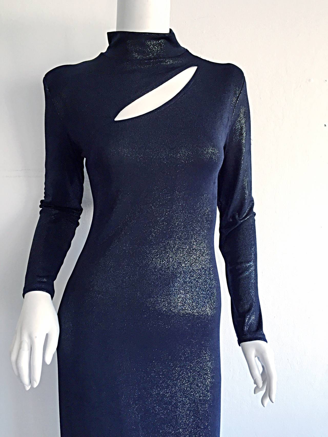 Vintage Gianfranco Ferre ' Wet Look ' Midnight Blue Metallic Cut - Out Dress 1