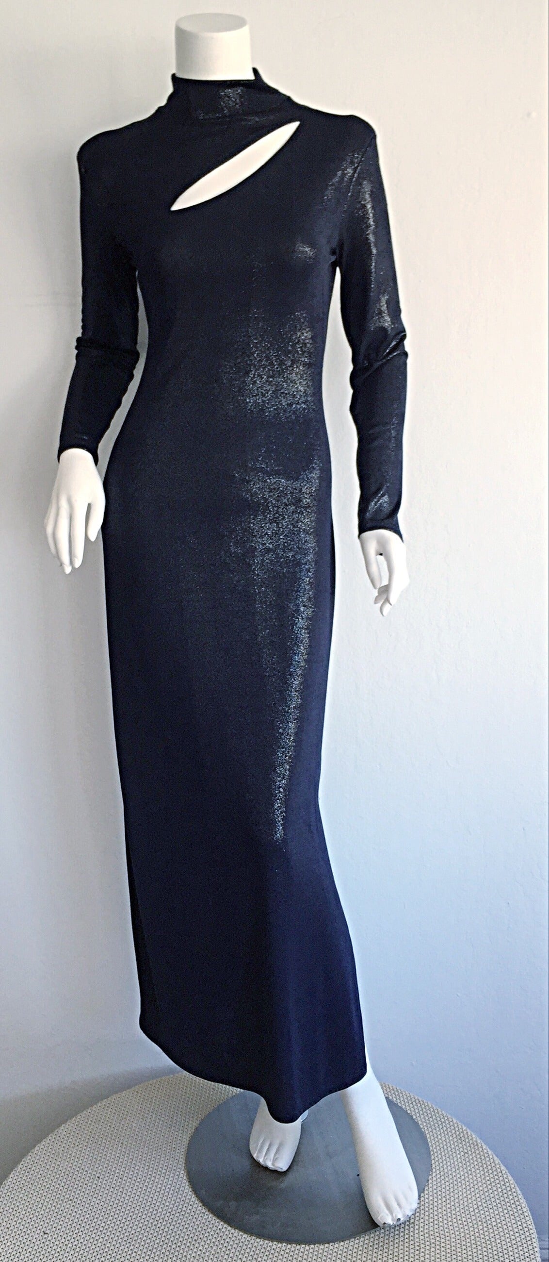Vintage Gianfranco Ferre ' Wet Look ' Midnight Blue Metallic Cut - Out Dress 4