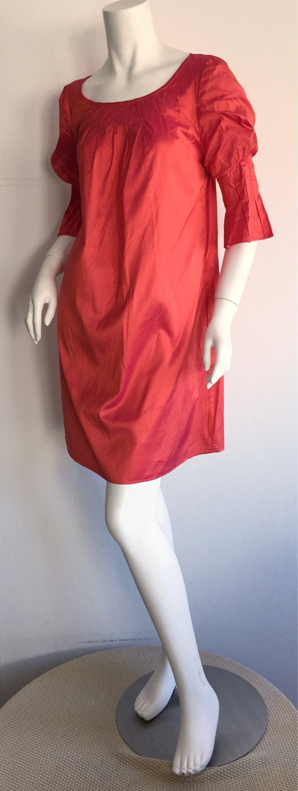 Red Nina Ricci Pink / Salmon Iridescent Silk Babydoll Bell Sleeve Dress w/ Pockets For Sale
