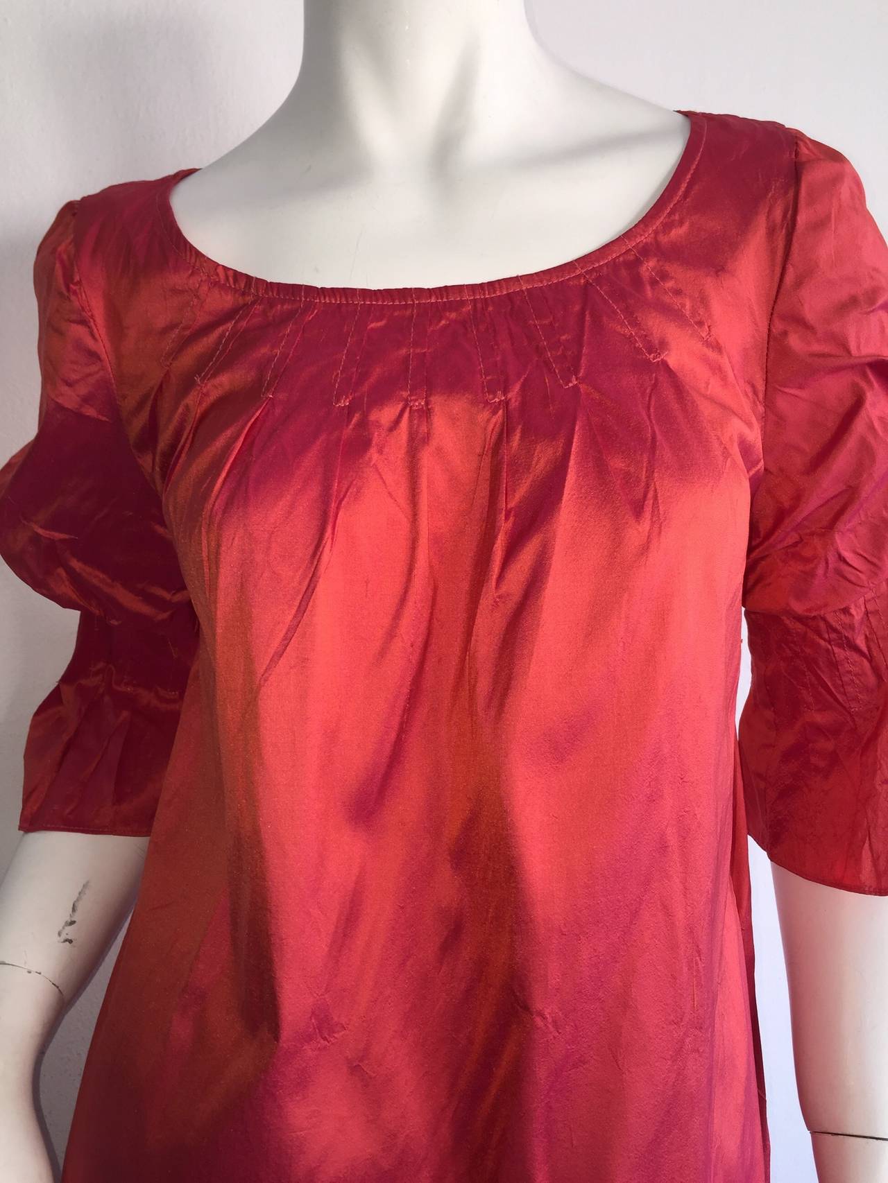 Nina Ricci Pink / Salmon Iridescent Silk Babydoll Bell Sleeve Dress w/ Pockets In Excellent Condition For Sale In San Diego, CA