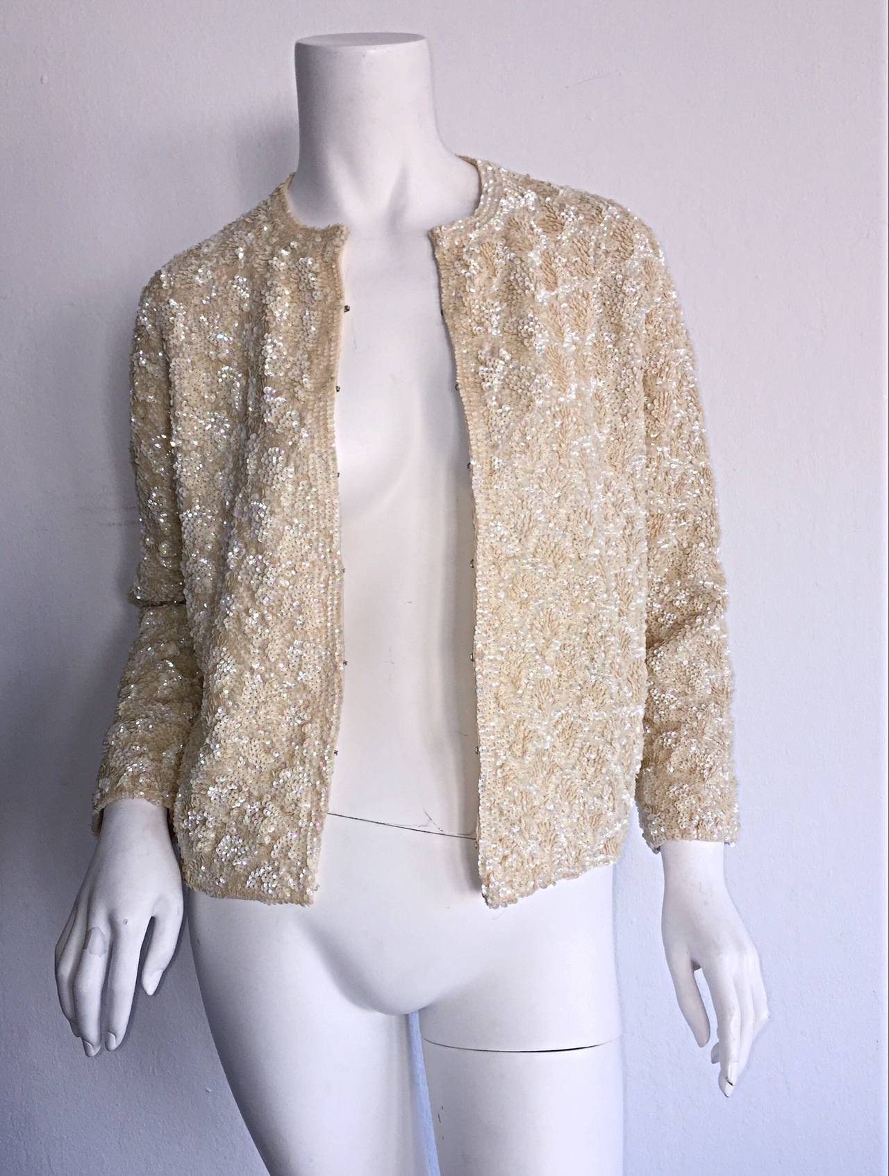 Brown Exquisite 1960s All Over Sequin Iridescent Ivory Wool Vintage Cardigan For Sale
