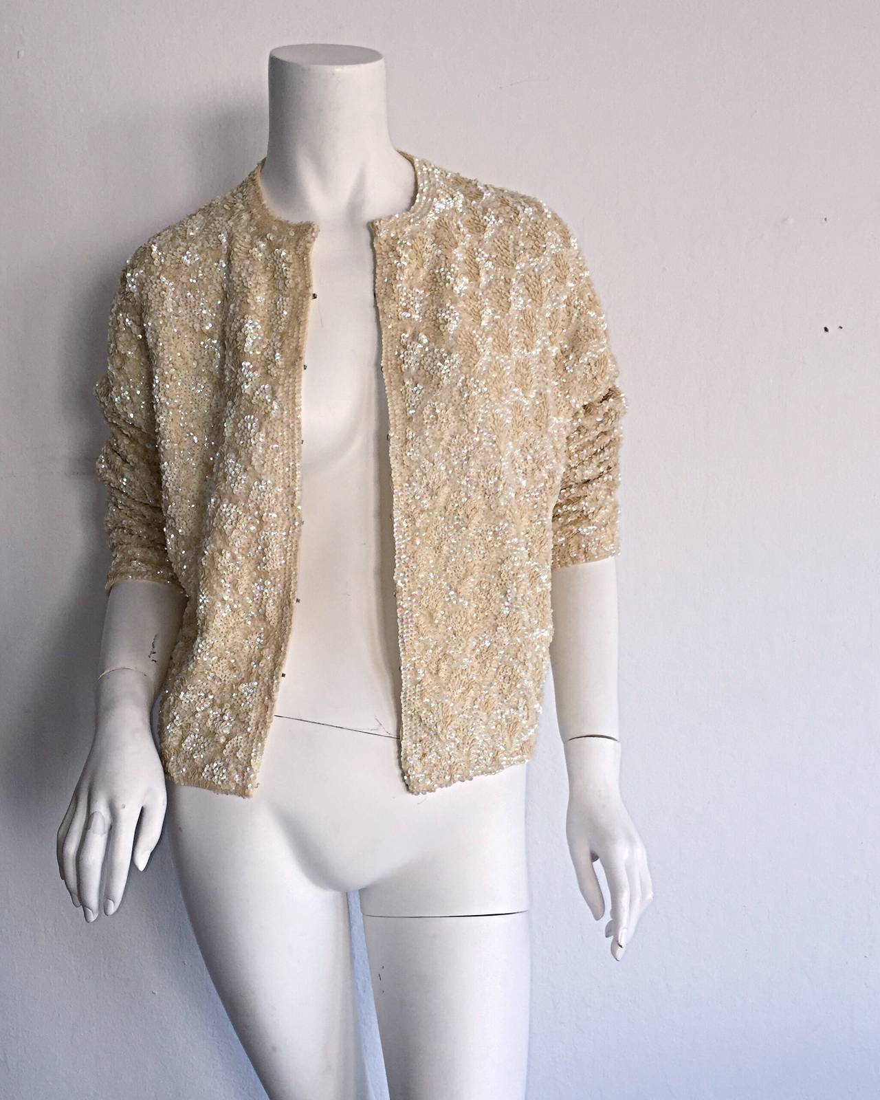 Women's Exquisite 1960s All Over Sequin Iridescent Ivory Wool Vintage Cardigan For Sale