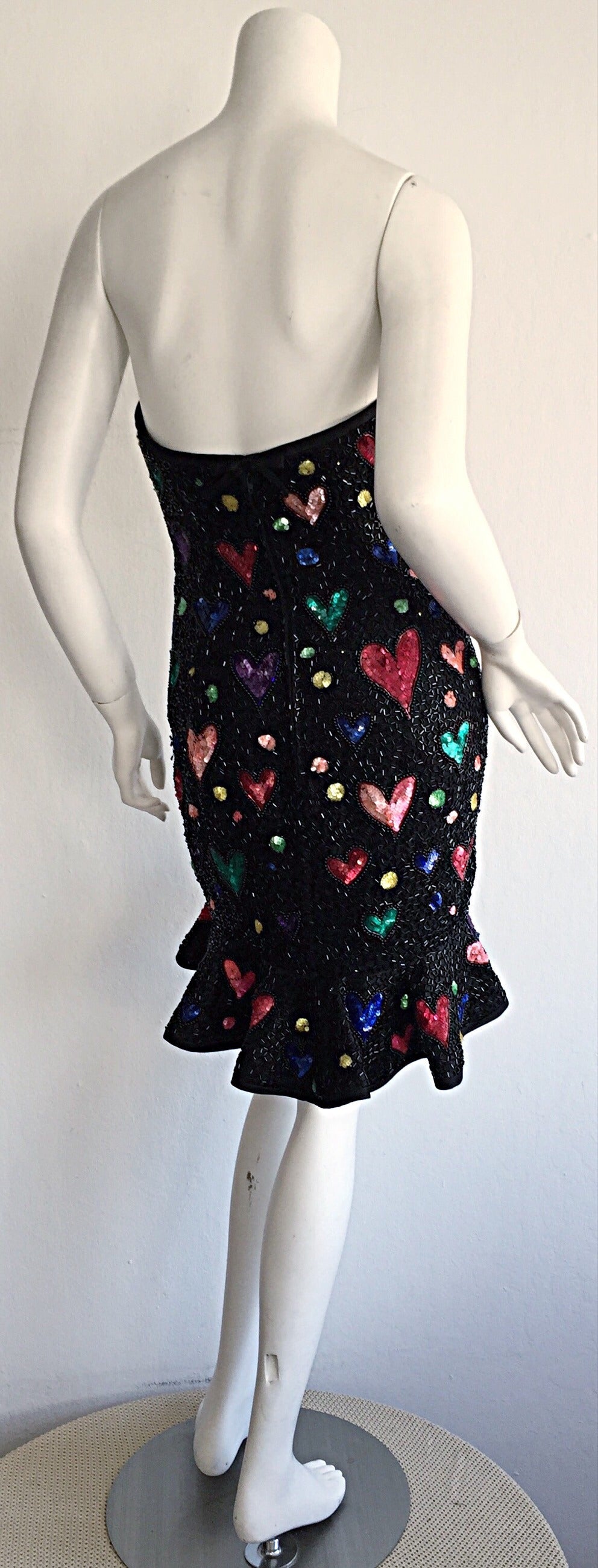 Bob Mackie Incredible Rare Vintage Strapless Beaded Heart Dress In Excellent Condition In San Diego, CA