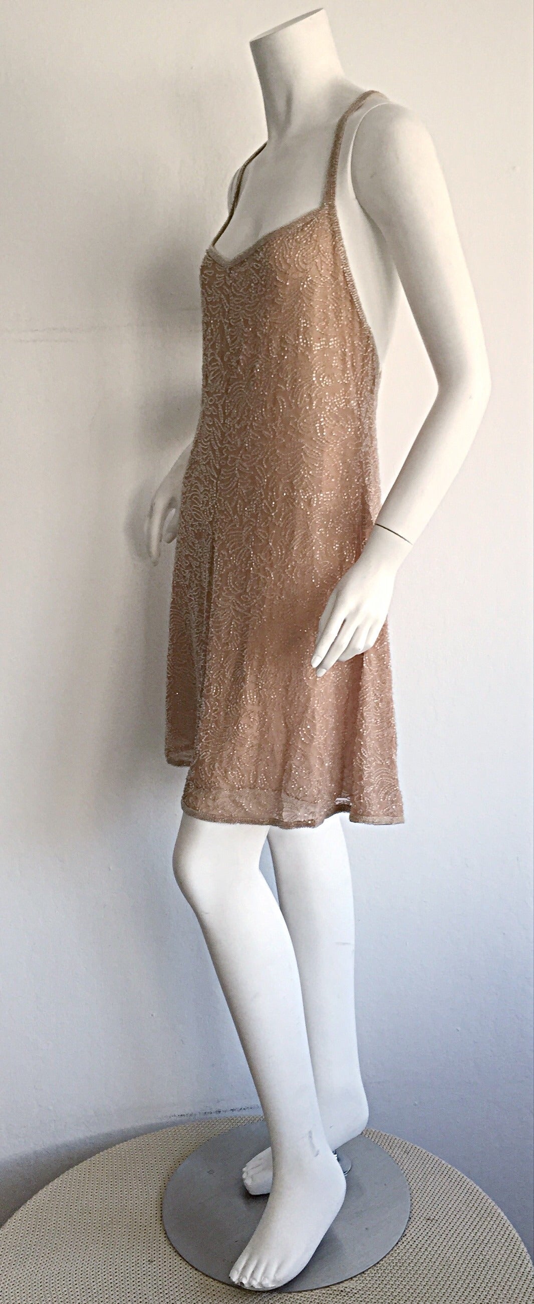 New Vintage Calvin Klein 1990s Size 10 Champagne Glass Beaded Dress Rt. $2,800 For Sale at 1stdibs