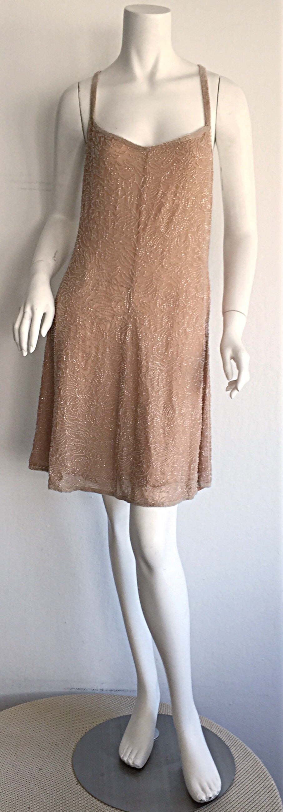 Brown New Vintage Calvin Klein 1990s Size 10 Champagne Glass Beaded Dress Rt. $2, 800