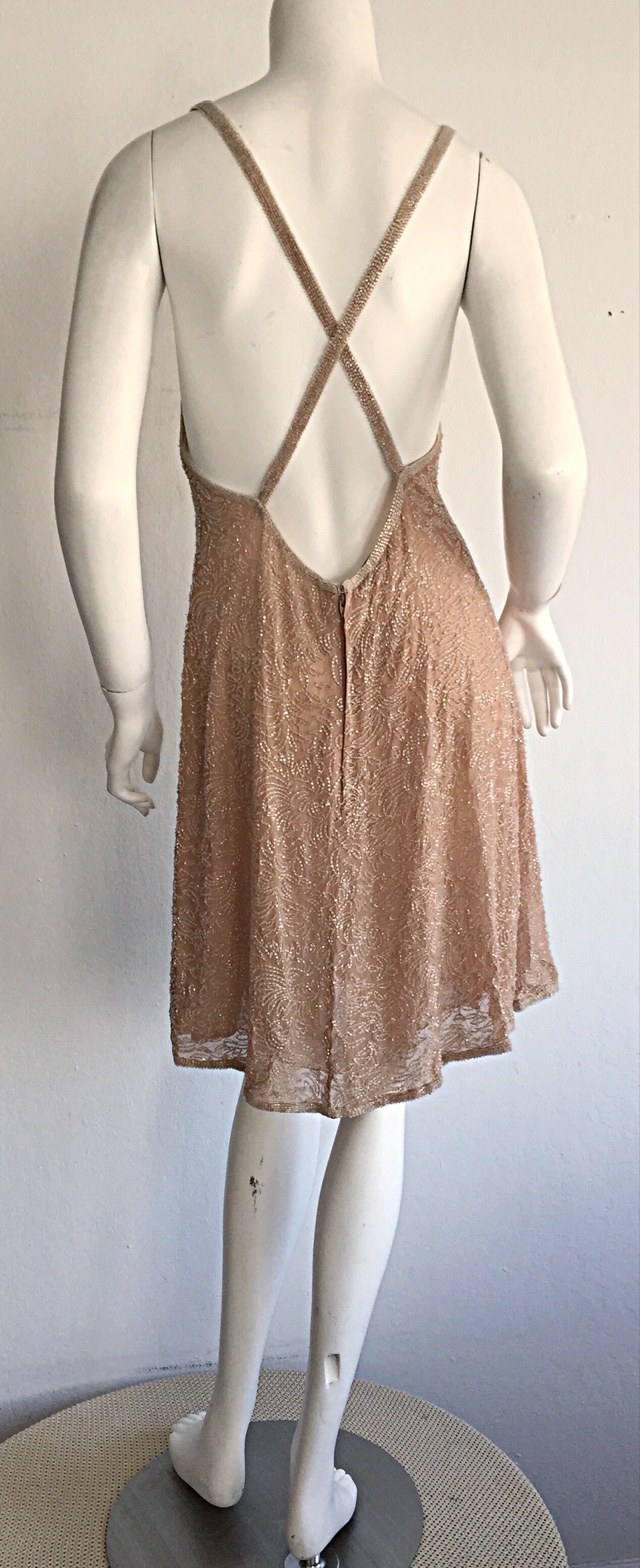 New Vintage Calvin Klein 1990s Size 10 Champagne Glass Beaded Dress Rt. $2, 800 In New Condition In San Diego, CA