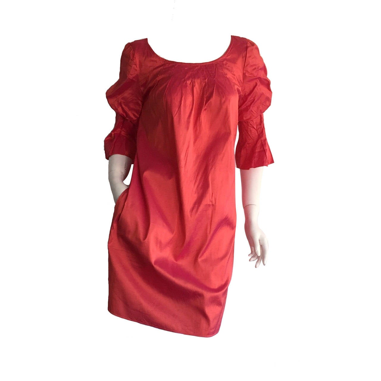 Nina Ricci Pink / Salmon Iridescent Silk Babydoll Bell Sleeve Dress w/ Pockets For Sale