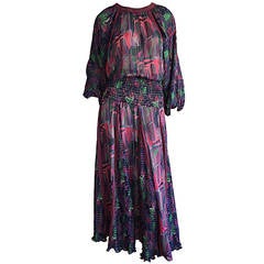 Vintage Beautiful 1980s Colorful Abstract Pleated Bohemian Maxi Dress