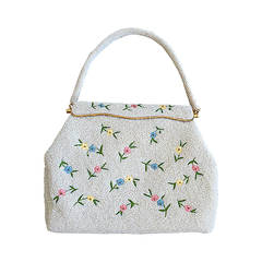 Beautiful 1960s 60s Large White Beaded Flower Purse 10