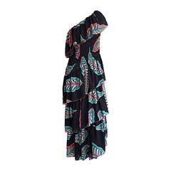 Vintage 1970s Lillie Rubin One - Shoulder Feather Tiered Asymmetrical Boho Dress 10