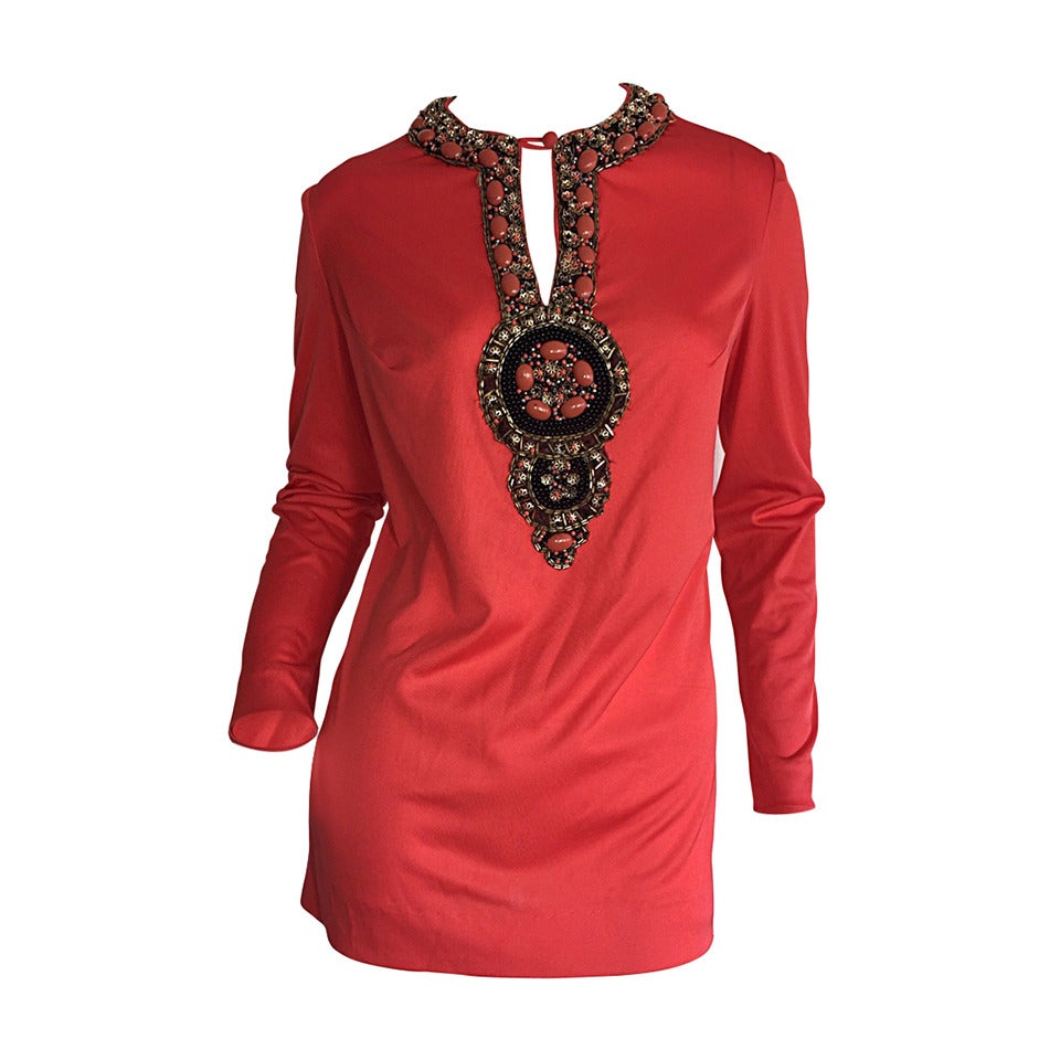 Beautiful 1960s Vintage Coral Beaded Jersey Jeweled / Beaded Tunic