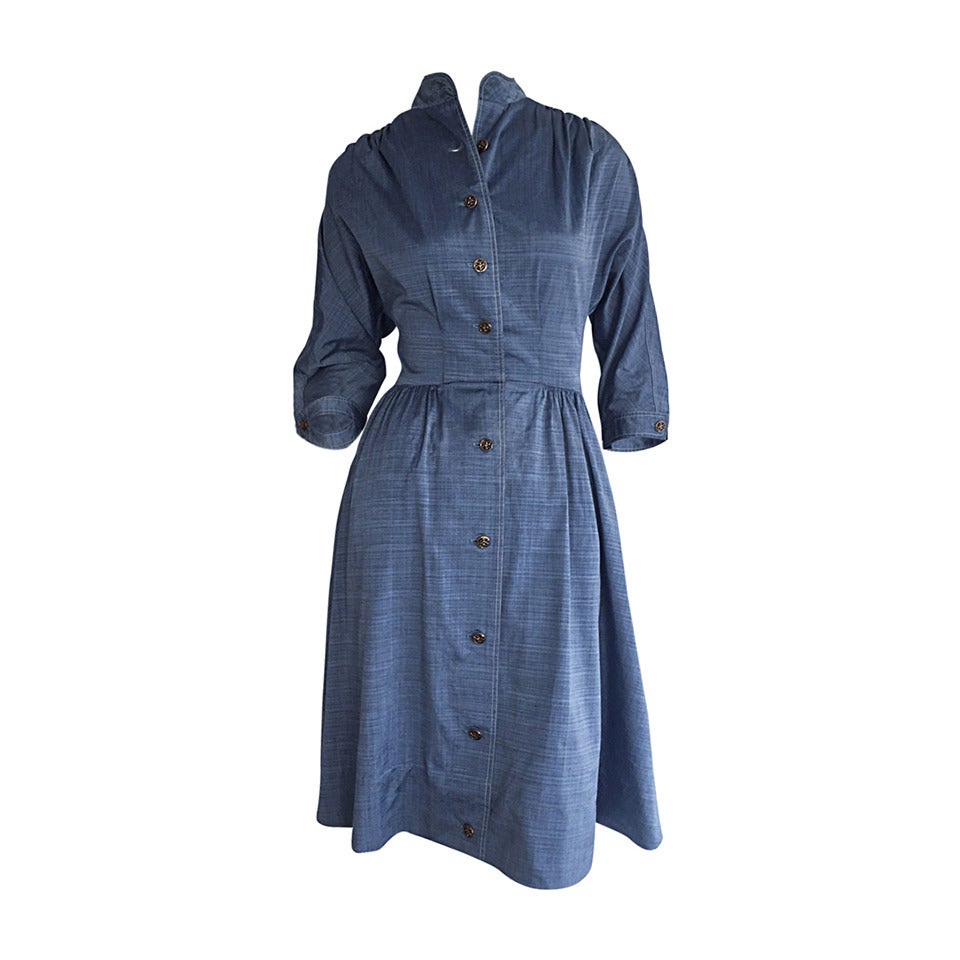 1940s Vintage B. Altman & Co. Denim Chambray Dress w/ Horse Buttons For Sale