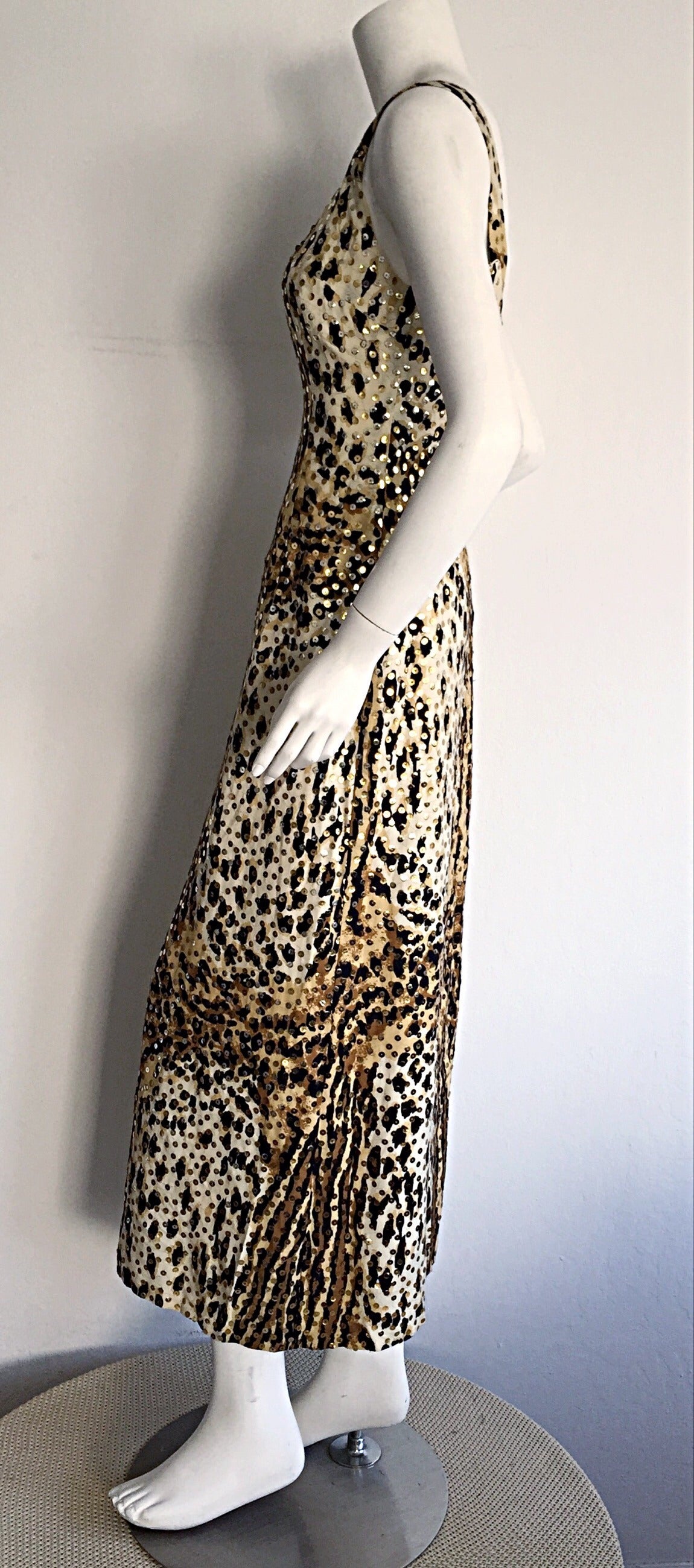 1960s Mollie Parnis Cotton Leopard Silver + Gold Sequin Bombshell Dress ...