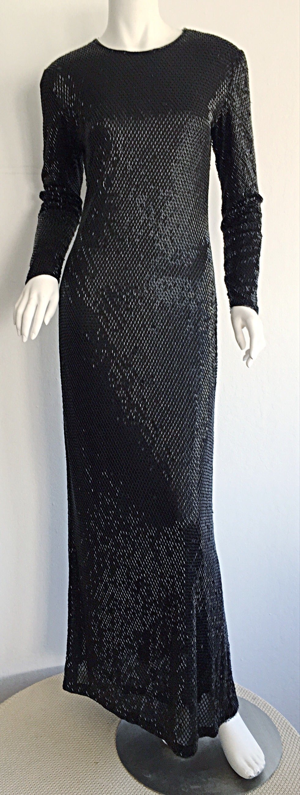 Stunning 1990s Vintage Calvin Klein Collection Heavily Beaded Black Gown In Excellent Condition In San Diego, CA