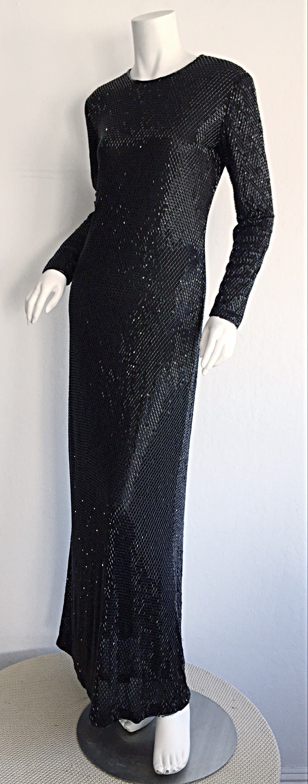 Women's Stunning 1990s Vintage Calvin Klein Collection Heavily Beaded Black Gown