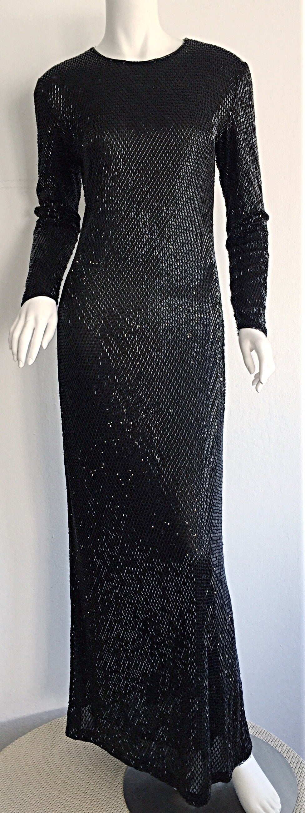 Stunning 1990s Vintage Calvin Klein Collection Heavily Beaded Black Gown 2