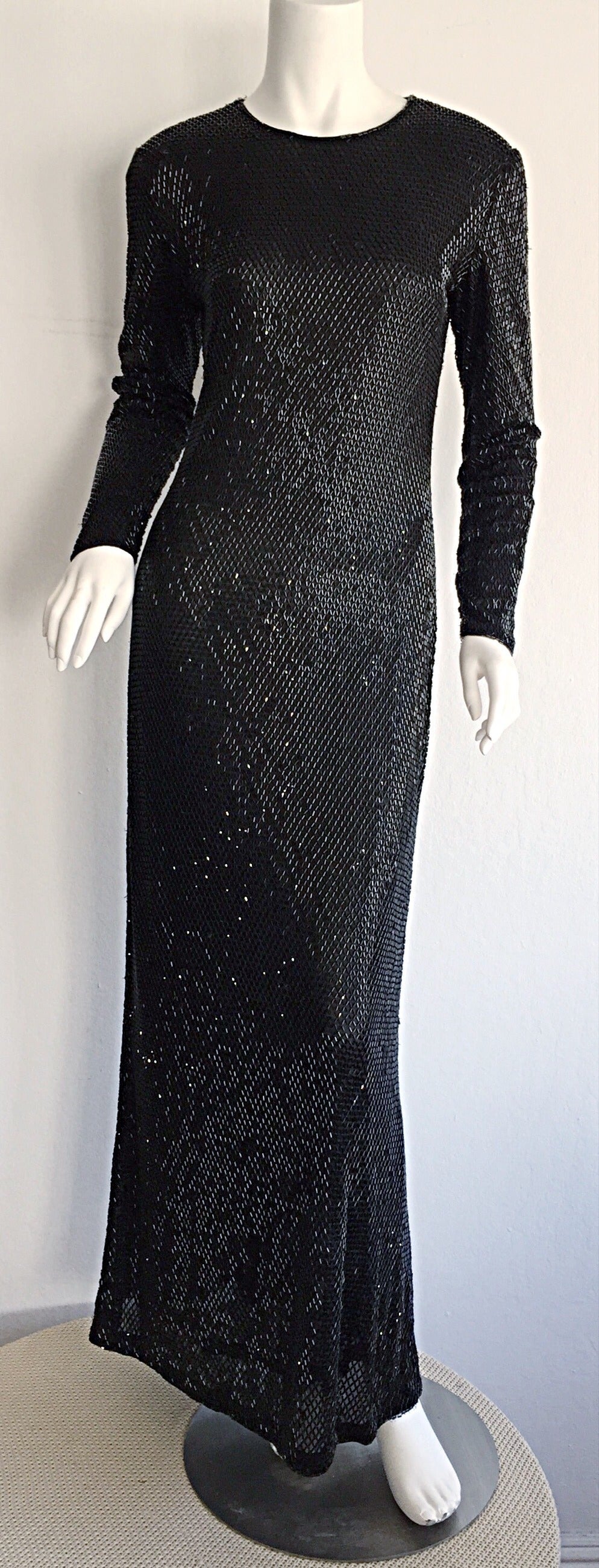 Stunning 1990s Vintage Calvin Klein Collection Heavily Beaded Black Gown 3