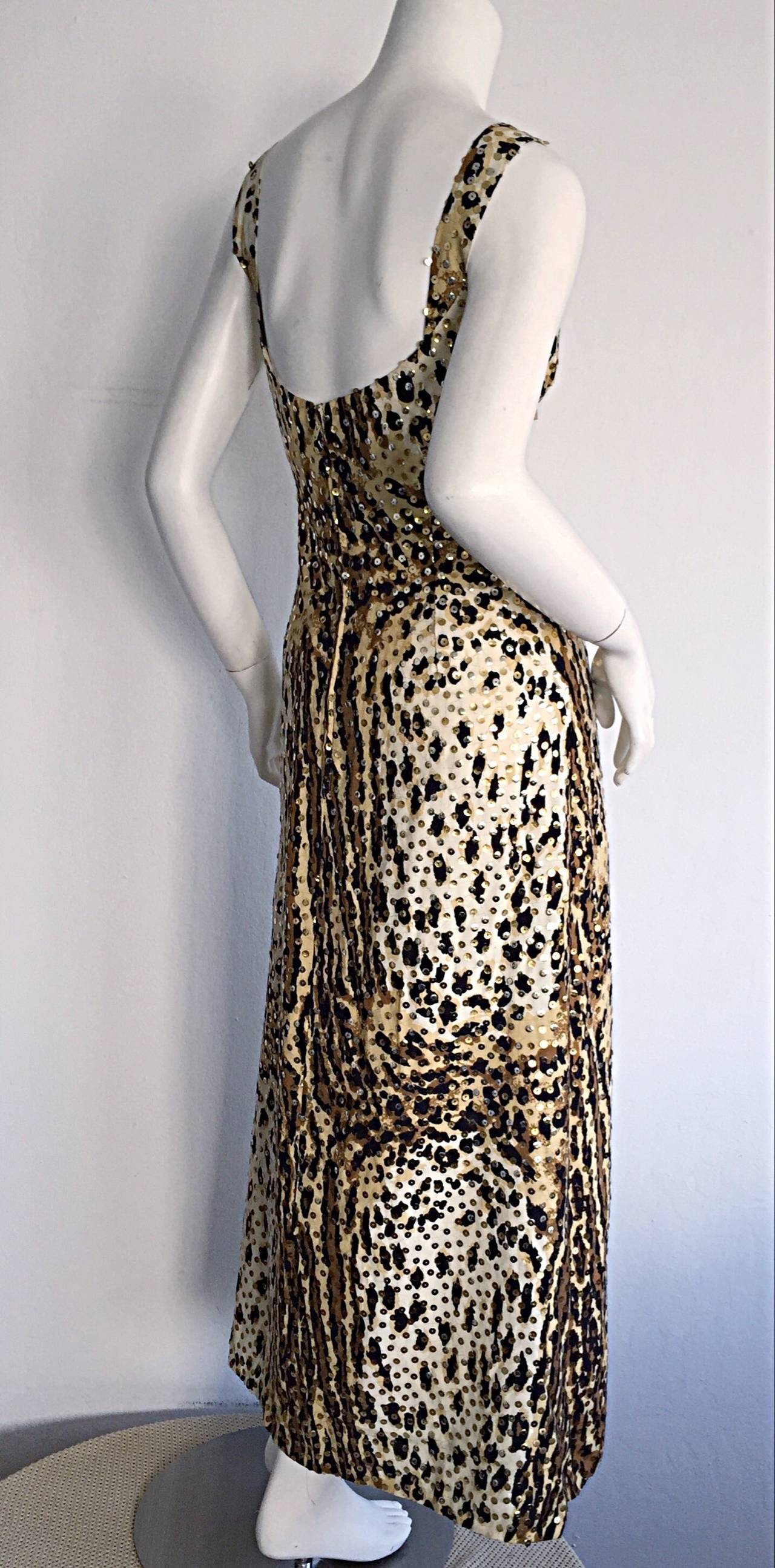 Black 1960s Mollie Parnis Cotton Leopard Silver + Gold Sequin Bombshell Dress