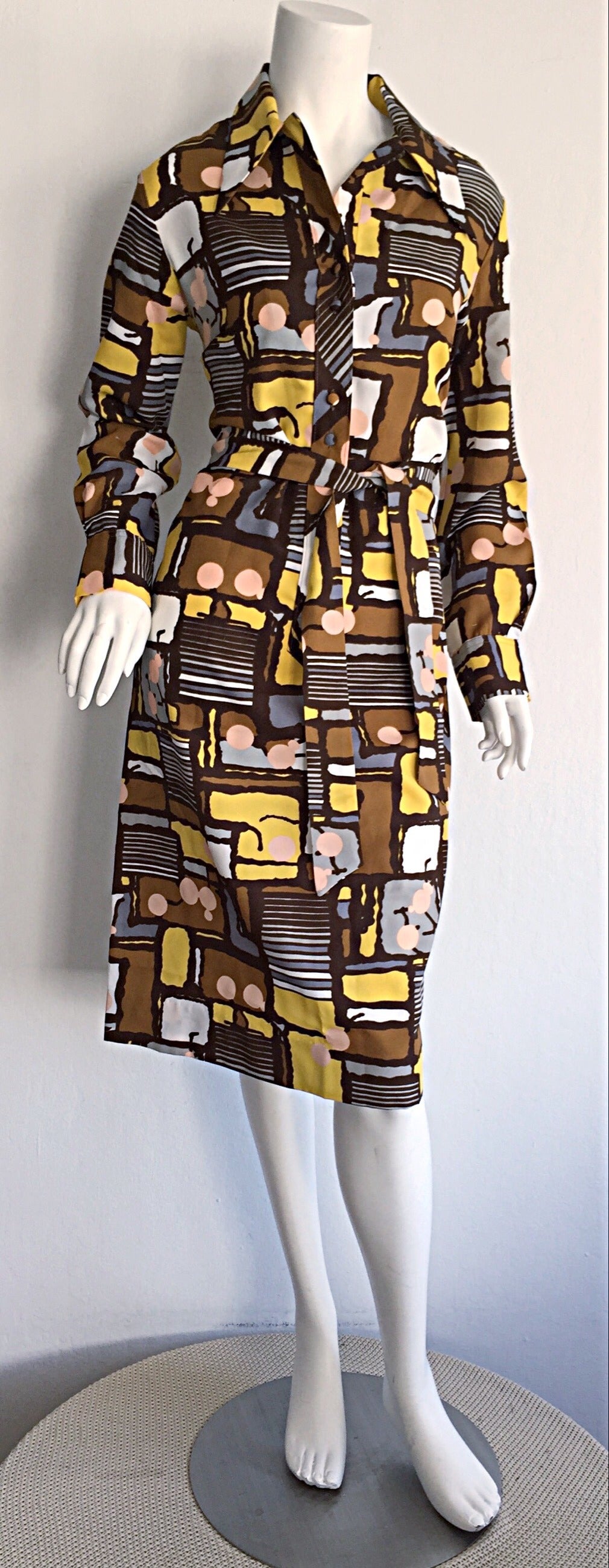 Vintage Lanvin Op-Art Geometric Print Belted Shirt Dress