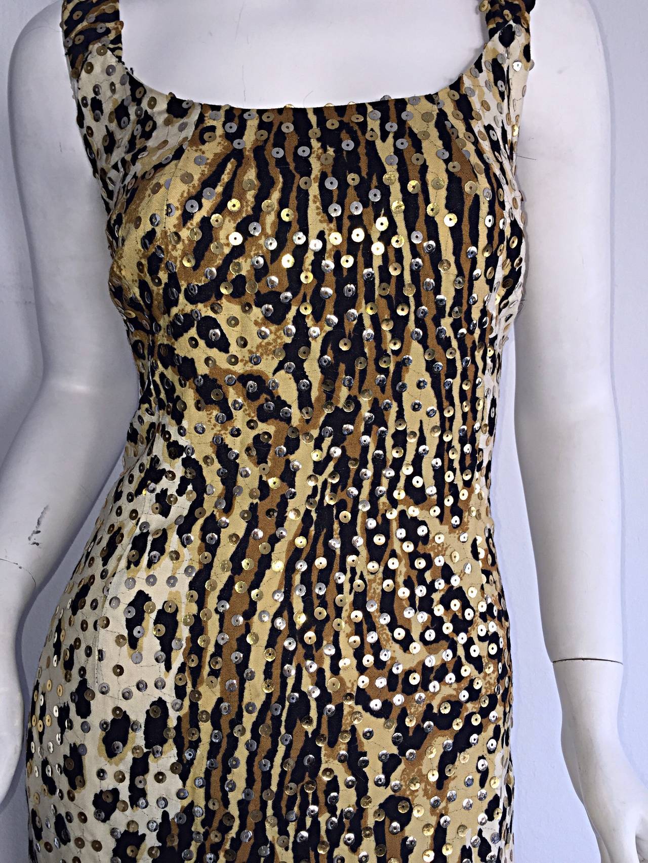 1960s Mollie Parnis Cotton Leopard Silver + Gold Sequin Bombshell Dress In Excellent Condition In San Diego, CA