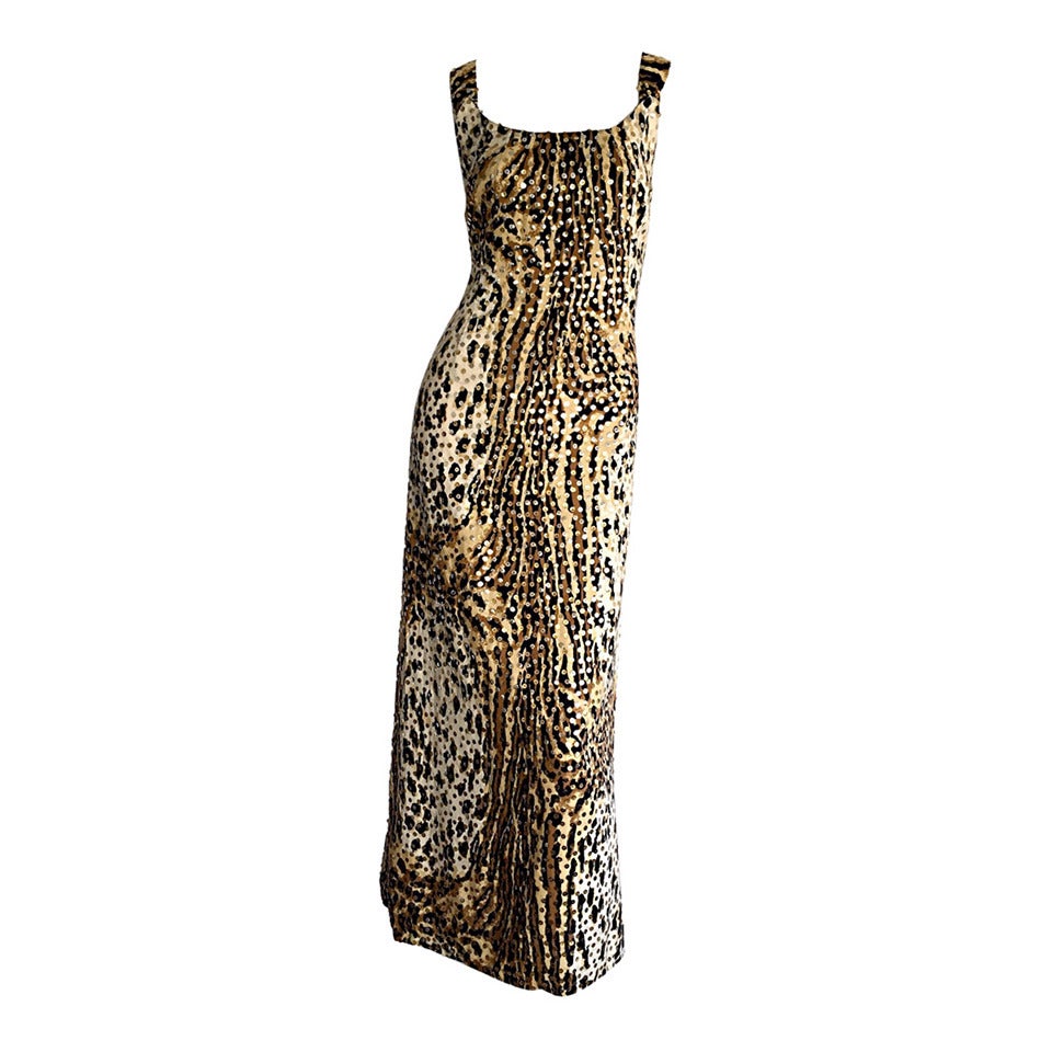 1960s Mollie Parnis Cotton Leopard Silver + Gold Sequin Bombshell Dress