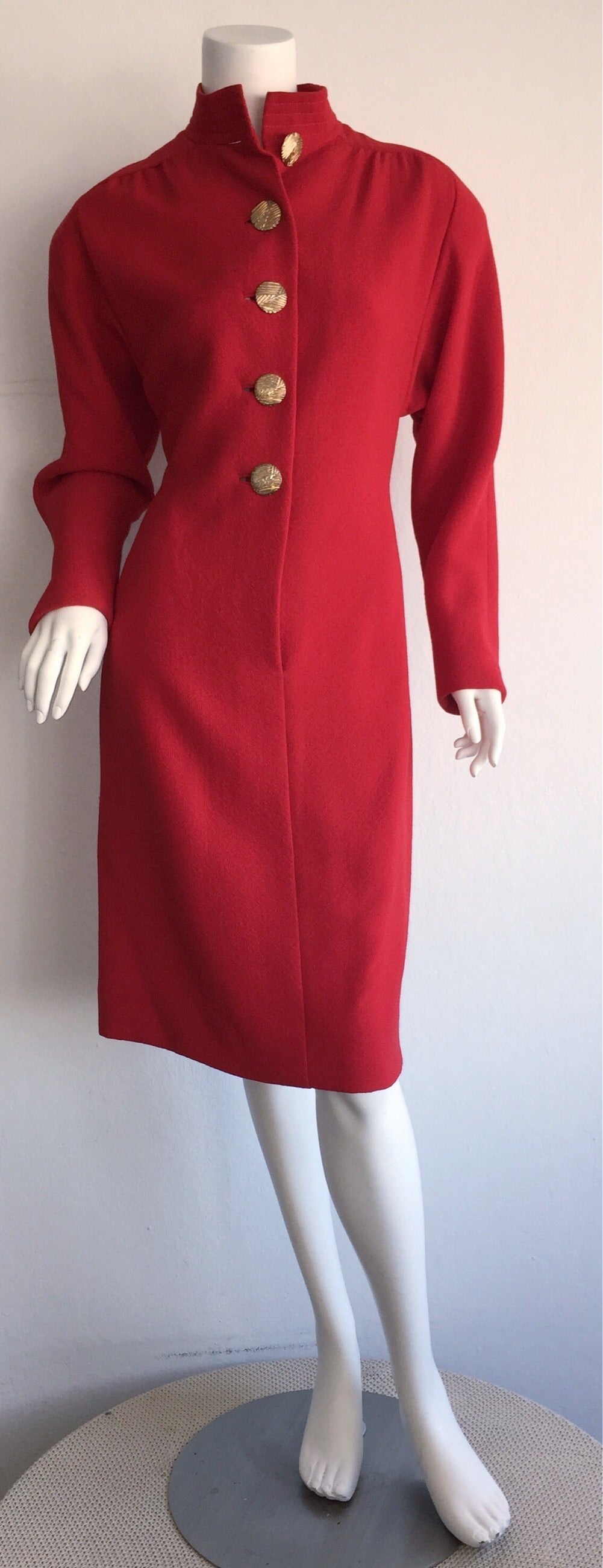 Beautiful Vintage James Galanos Lipstick Red Dress, w/ Gold Buttons 1