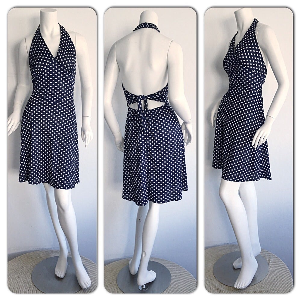 Vintage Joy Stevens Navy Blue + White Polka Dot Nautical Tie - Back Dress In Excellent Condition In San Diego, CA