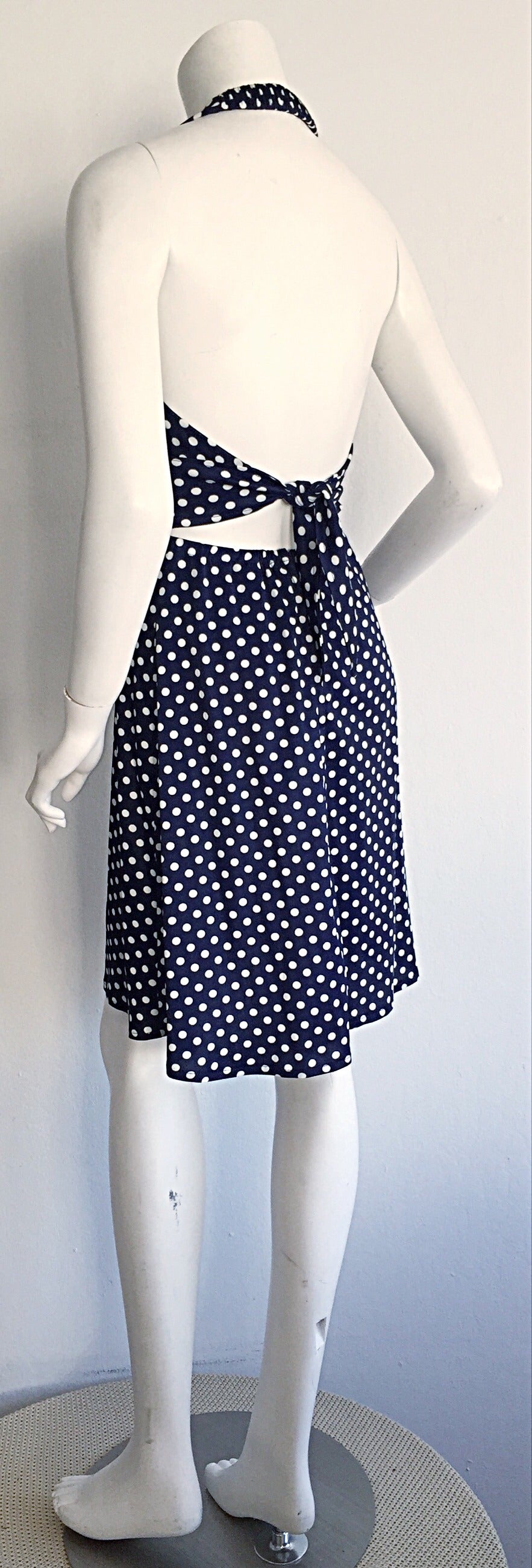 Women's Vintage Joy Stevens Navy Blue + White Polka Dot Nautical Tie - Back Dress