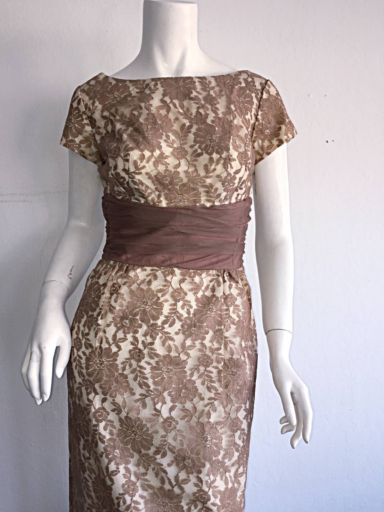 Brown Incredible 1950s French Lace Bombshell Chantilly Lace Wiggle Dress + Cape For Sale