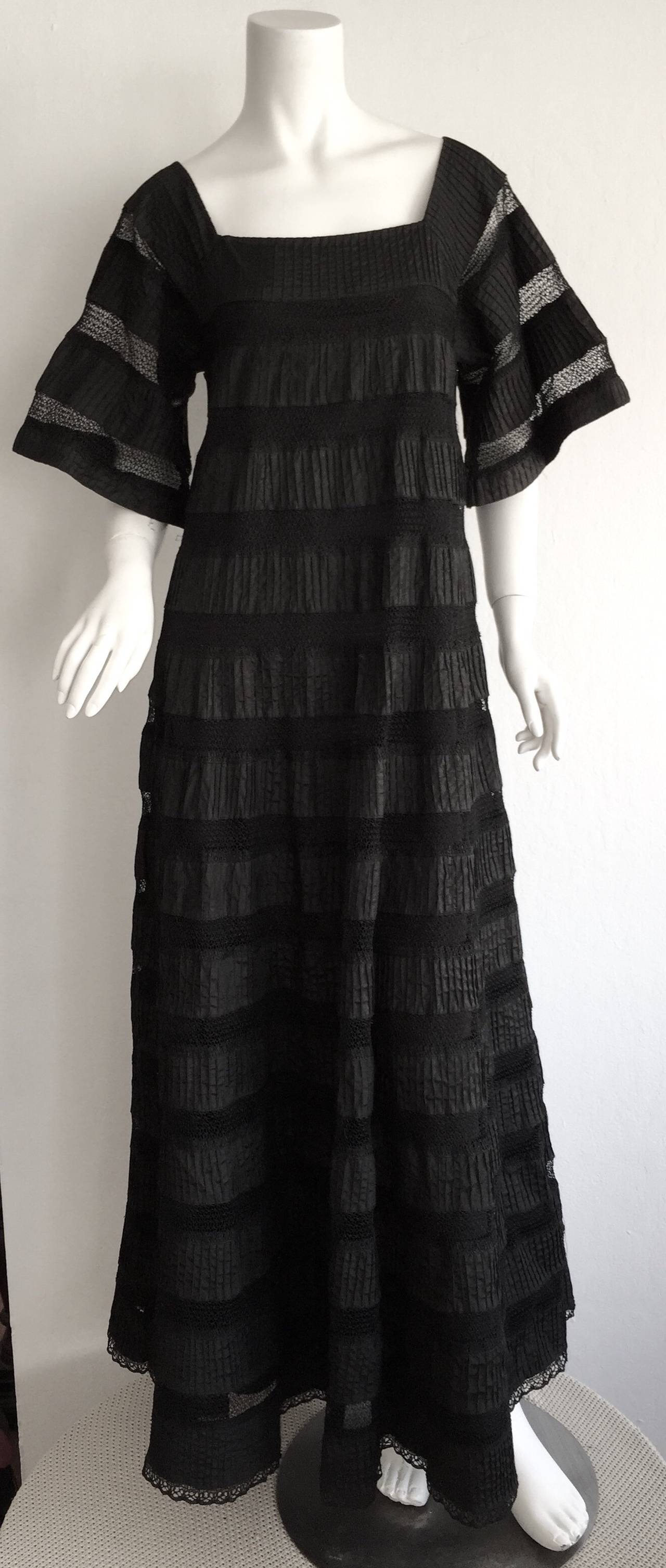 Women's 1970s Vintage Tachi Castillo Black Crochet Cotton Mexican Empire Maxi Dress