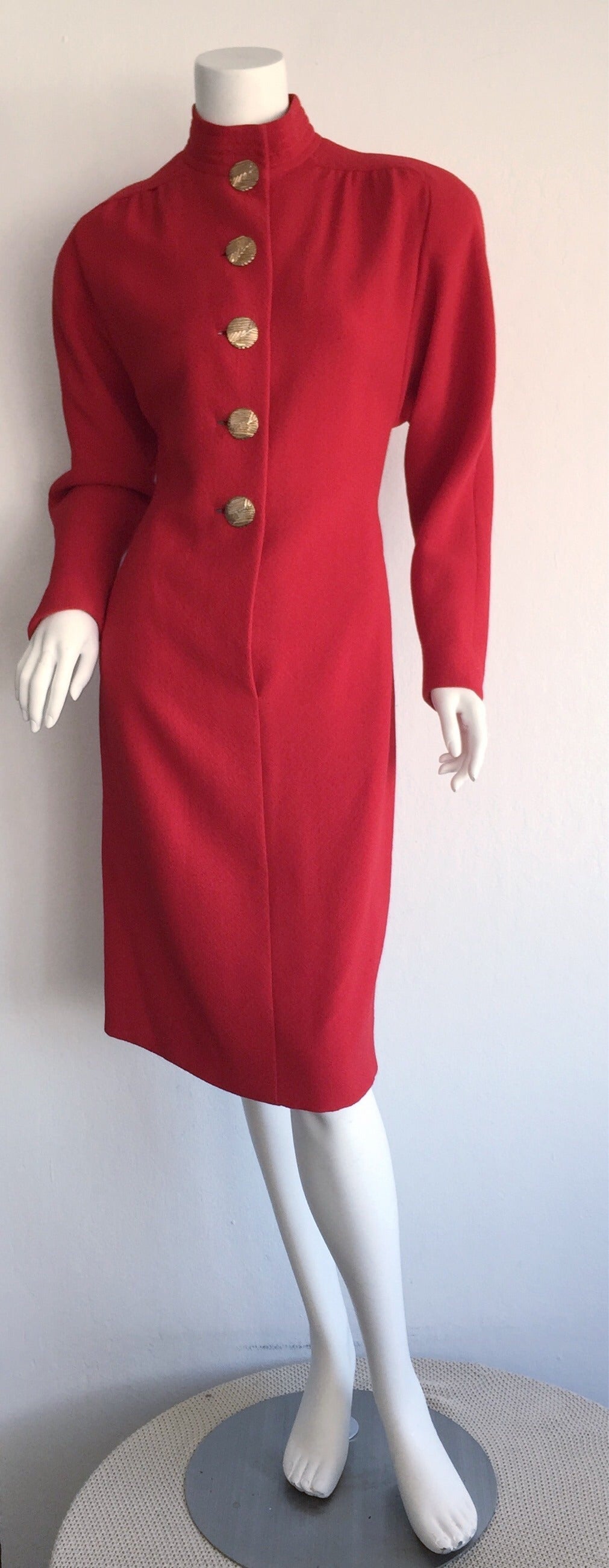 Gorgeous vintage James Galanos lipstick red dress! Intricate amount of detail Galanos was renowned for. Elegant long sleeves, with functional gold hammered buttons up the bodice. Looks great buttoned all the way up, or left partially opened. Also,