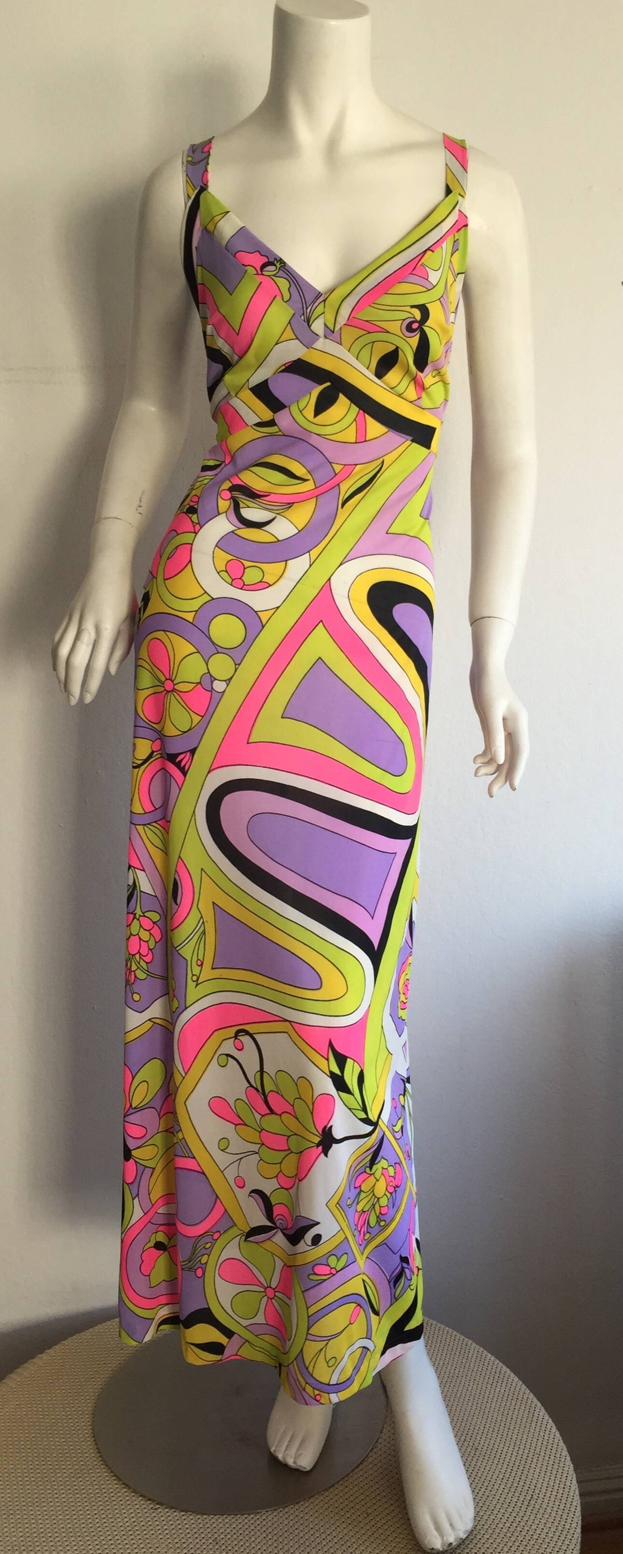 Amazing 1970s Vintage Leonora Psychedelic Colorful Wrap Maxi Dress 2