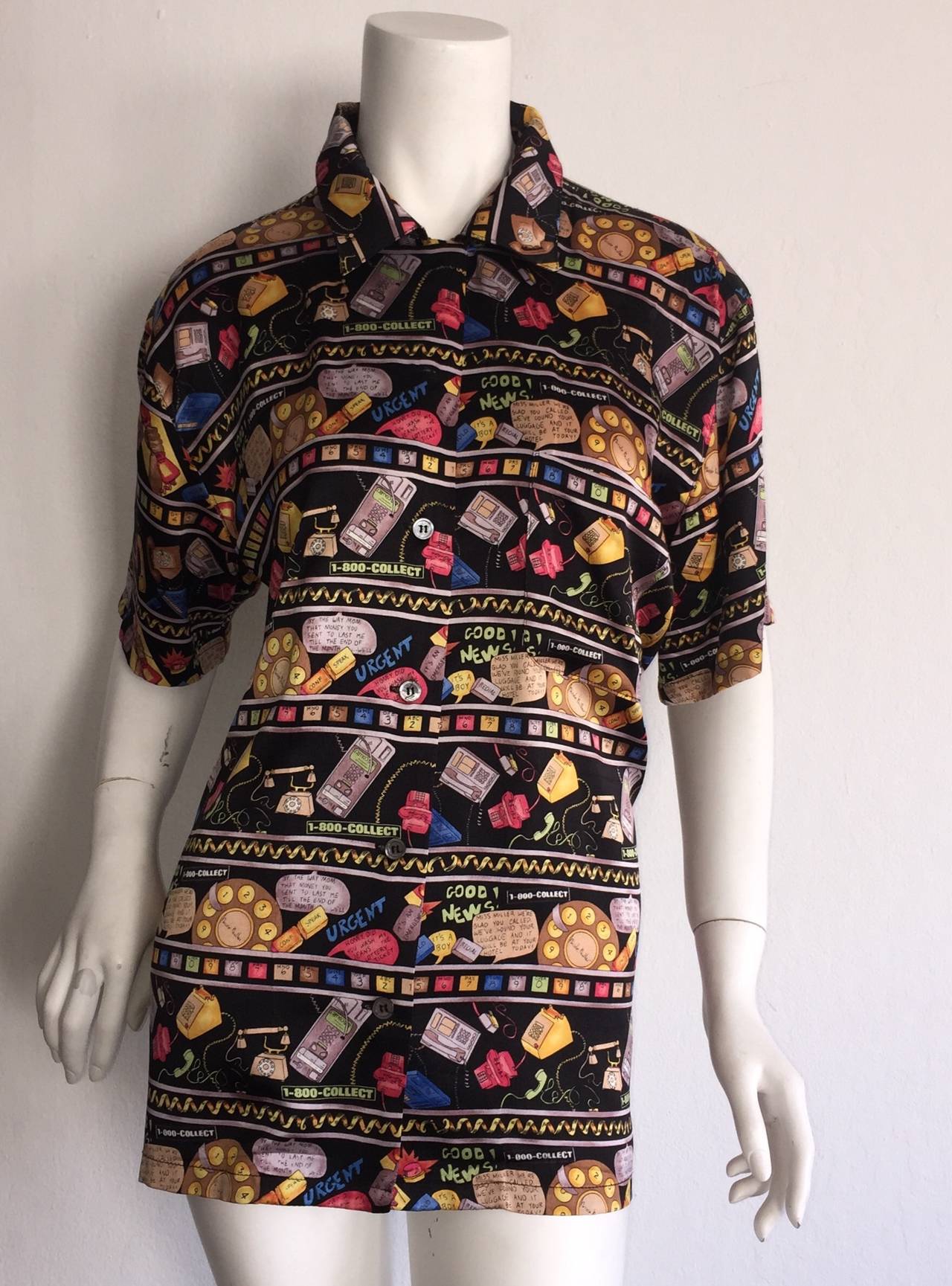 Amazing vintage Limited Edition Nicole Miller silk blouse! Novelty telephone '1-800-Collect' print, with humorous bubble thoughts printed throughout. Can be worn a number of ways, and looks great belted. Only limited quantities of this beauty were