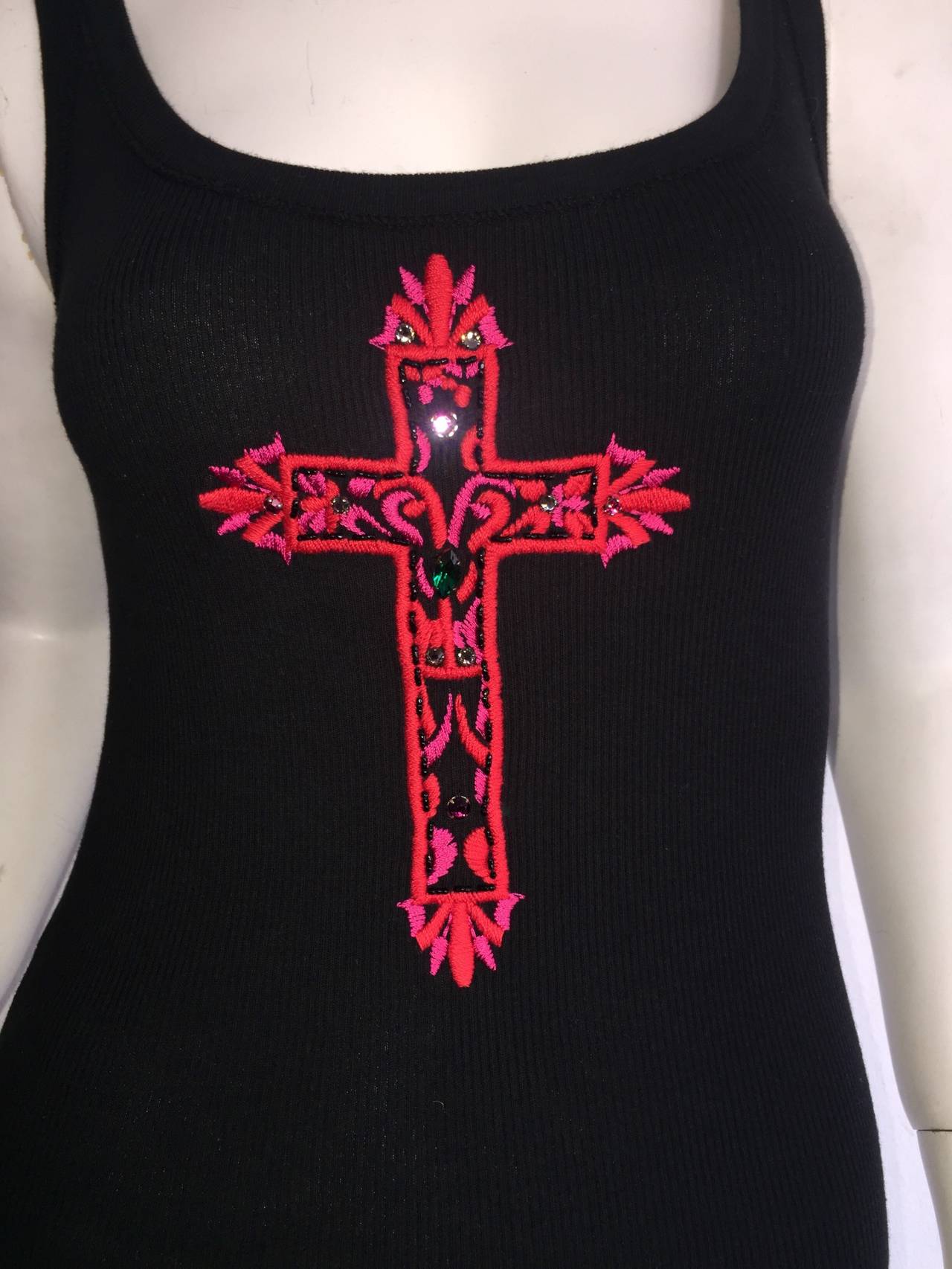 1990s Vintage Blumarine Black Cotton Tank + Pink Jeweled Cross Motif In Excellent Condition For Sale In San Diego, CA