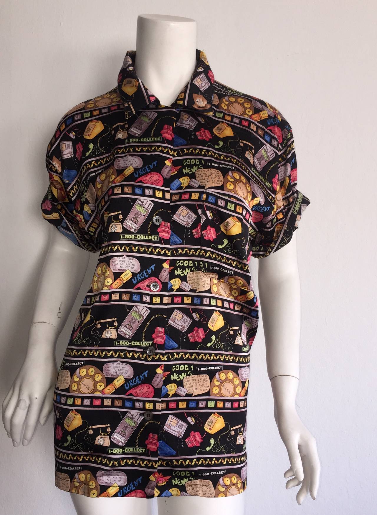 Women's Rare Limited Edition 90s Nicole Miller 1-800-Collect Novelty Print Silk Blouse