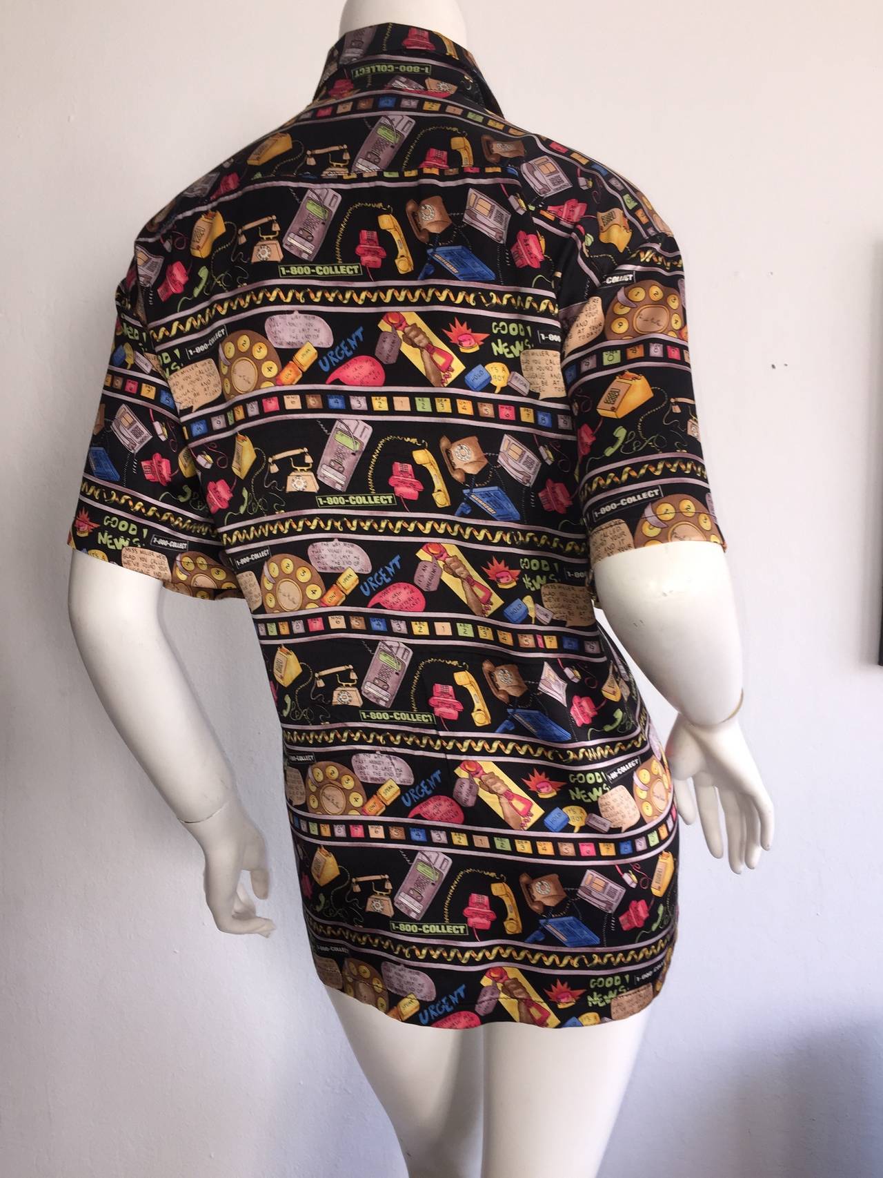 Rare Limited Edition 90s Nicole Miller 1-800-Collect Novelty Print Silk Blouse 1