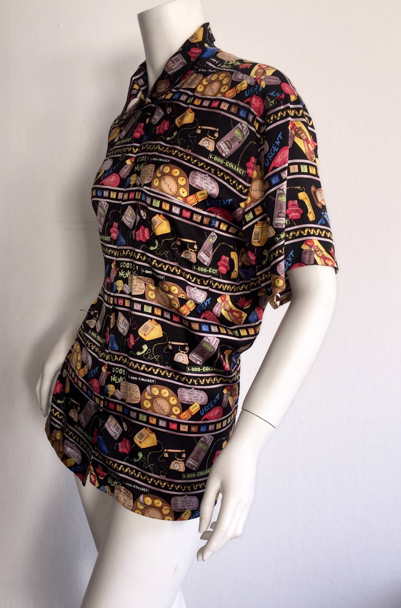 Rare Limited Edition 90s Nicole Miller 1-800-Collect Novelty Print Silk Blouse 2