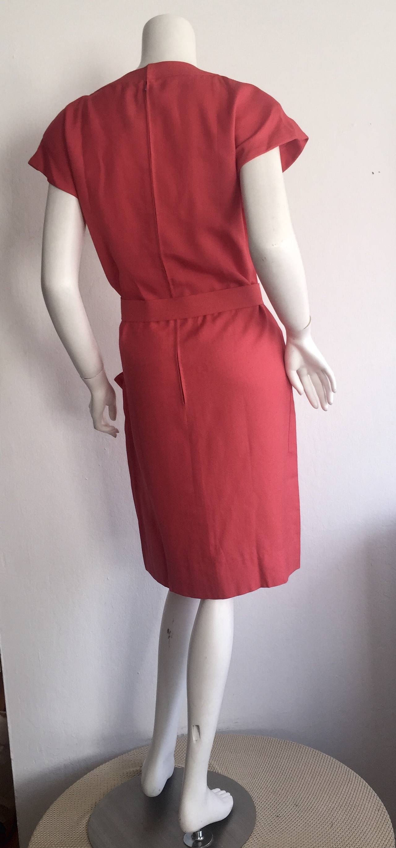 Vintage Nina Ricci Raspberry Pink Double Breasted Dress w/ Pockets + Bow Belt In Excellent Condition For Sale In San Diego, CA