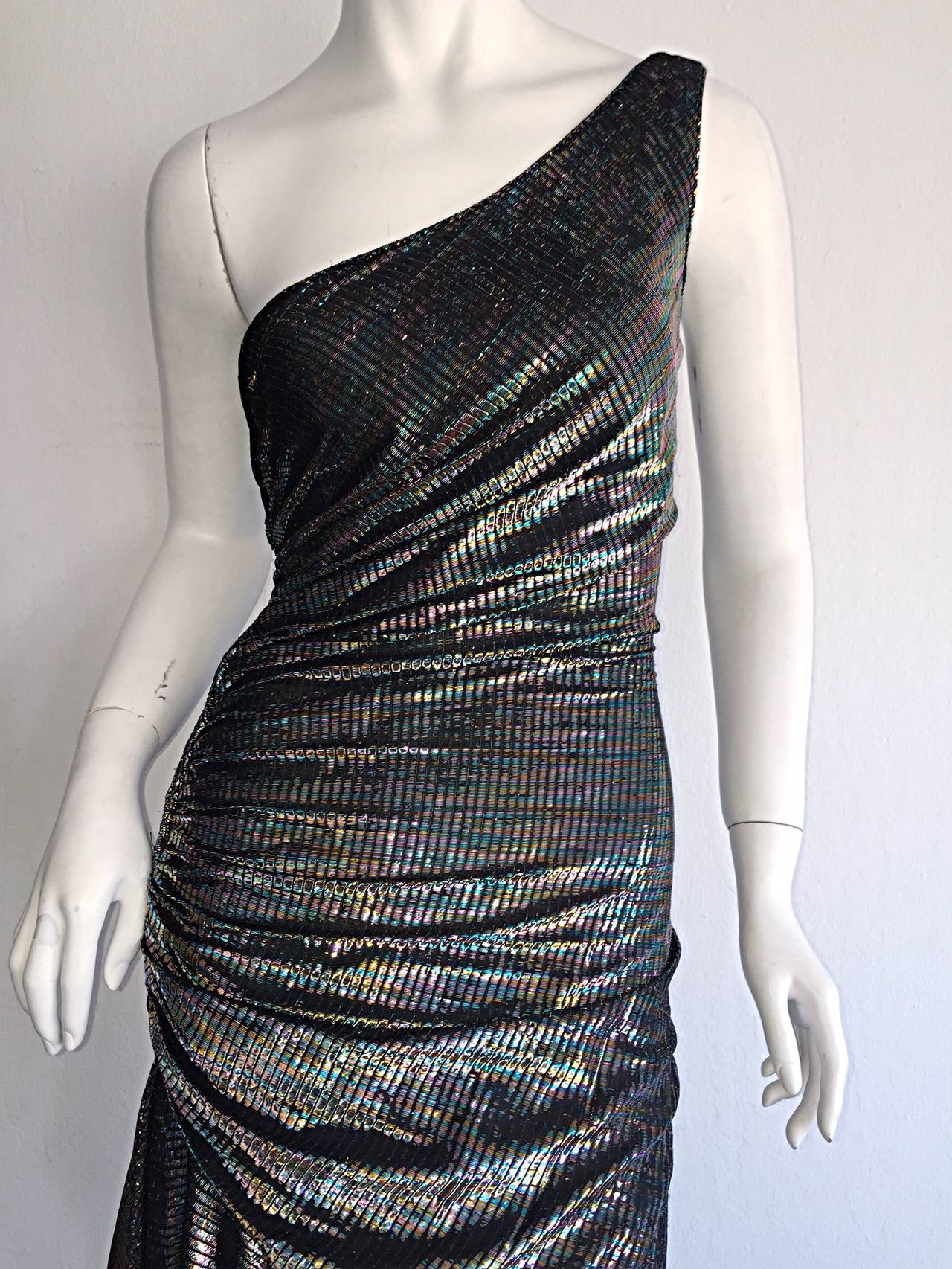 Black Stunning 1970s Samir One - Shoulder Metallic Rainbow Iridescent Cocktail Dress