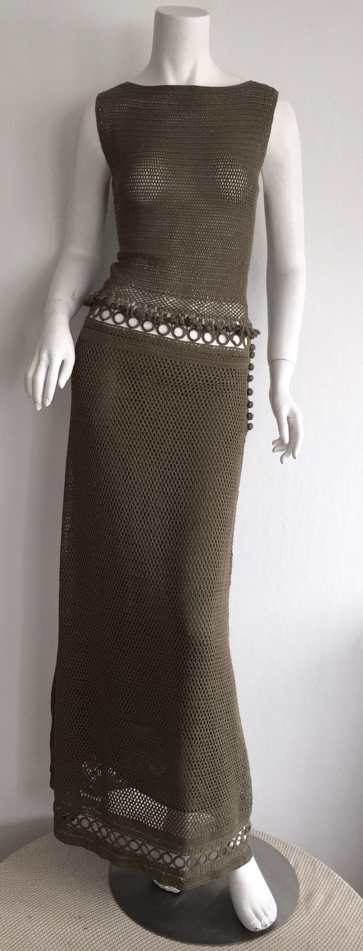 Incredible 1990s Philosophy d' Alberta Ferretti 2-piece top + skirt dress ensemble! Beautiful olive green cotton crochet, with cut-outs at skirt waistband, and blouse hem. Both pieces are easily worn as separates. Skirt can also be worn as a tube