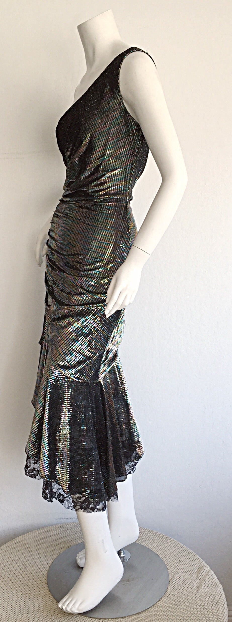 Stunning 1970s Samir One - Shoulder Metallic Rainbow Iridescent Cocktail Dress In Excellent Condition In San Diego, CA