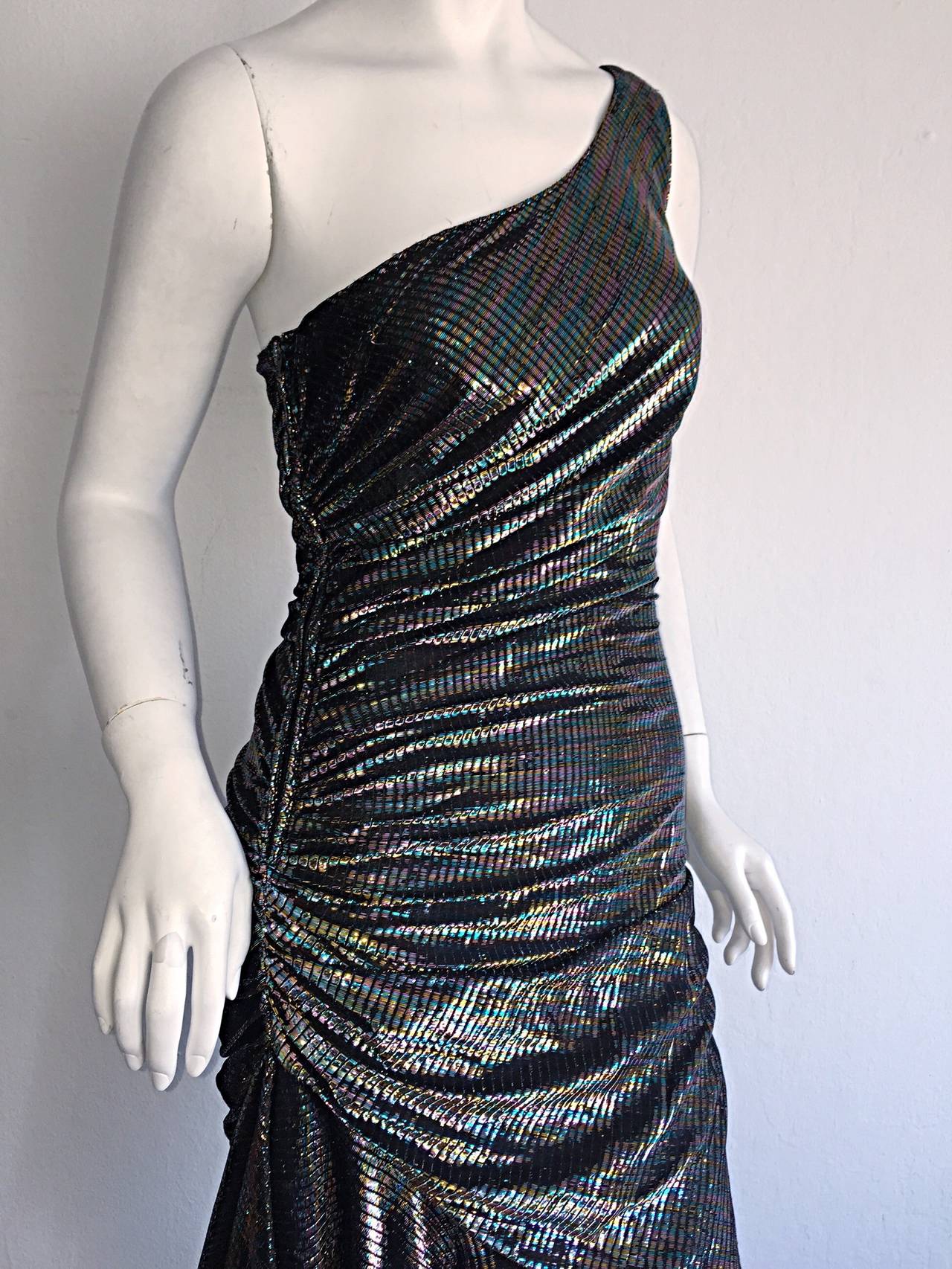 Women's Stunning 1970s Samir One - Shoulder Metallic Rainbow Iridescent Cocktail Dress