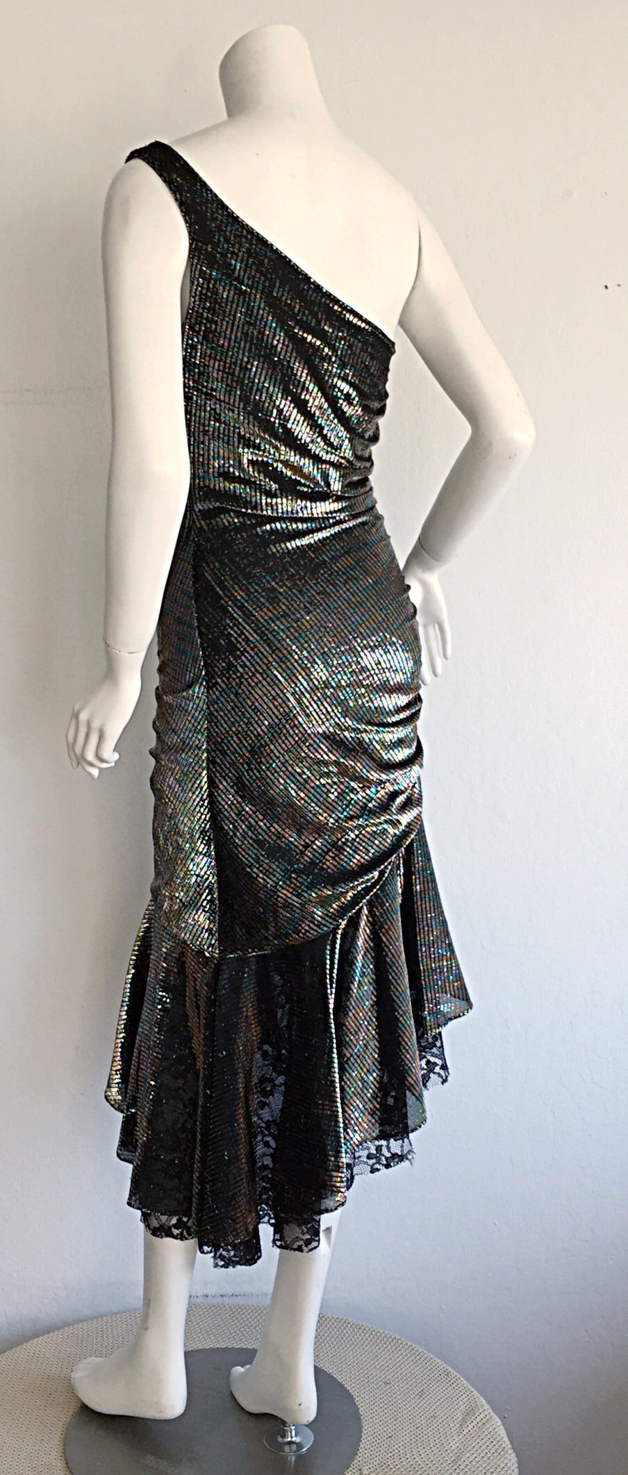 Stunning 1970s Samir One - Shoulder Metallic Rainbow Iridescent Cocktail Dress 1