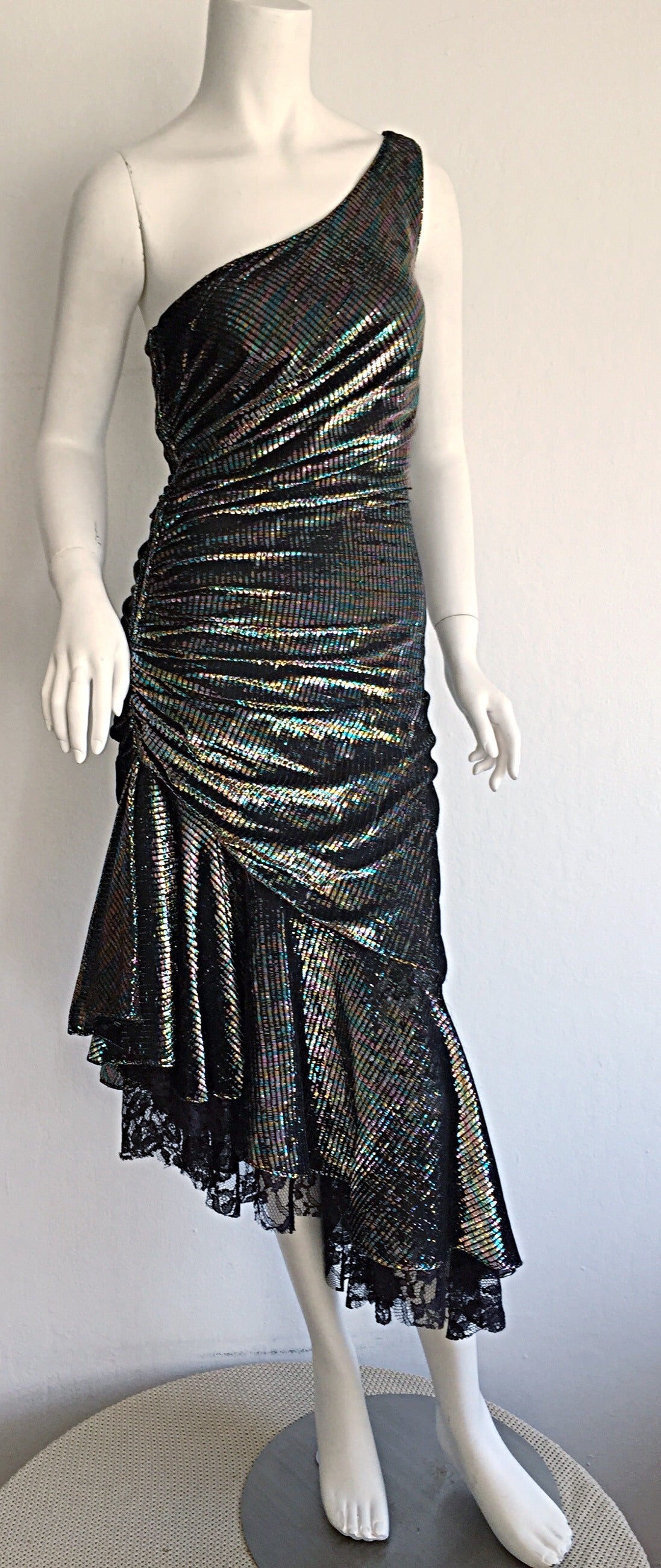 Stunning 1970s Samir One - Shoulder Metallic Rainbow Iridescent Cocktail Dress 2