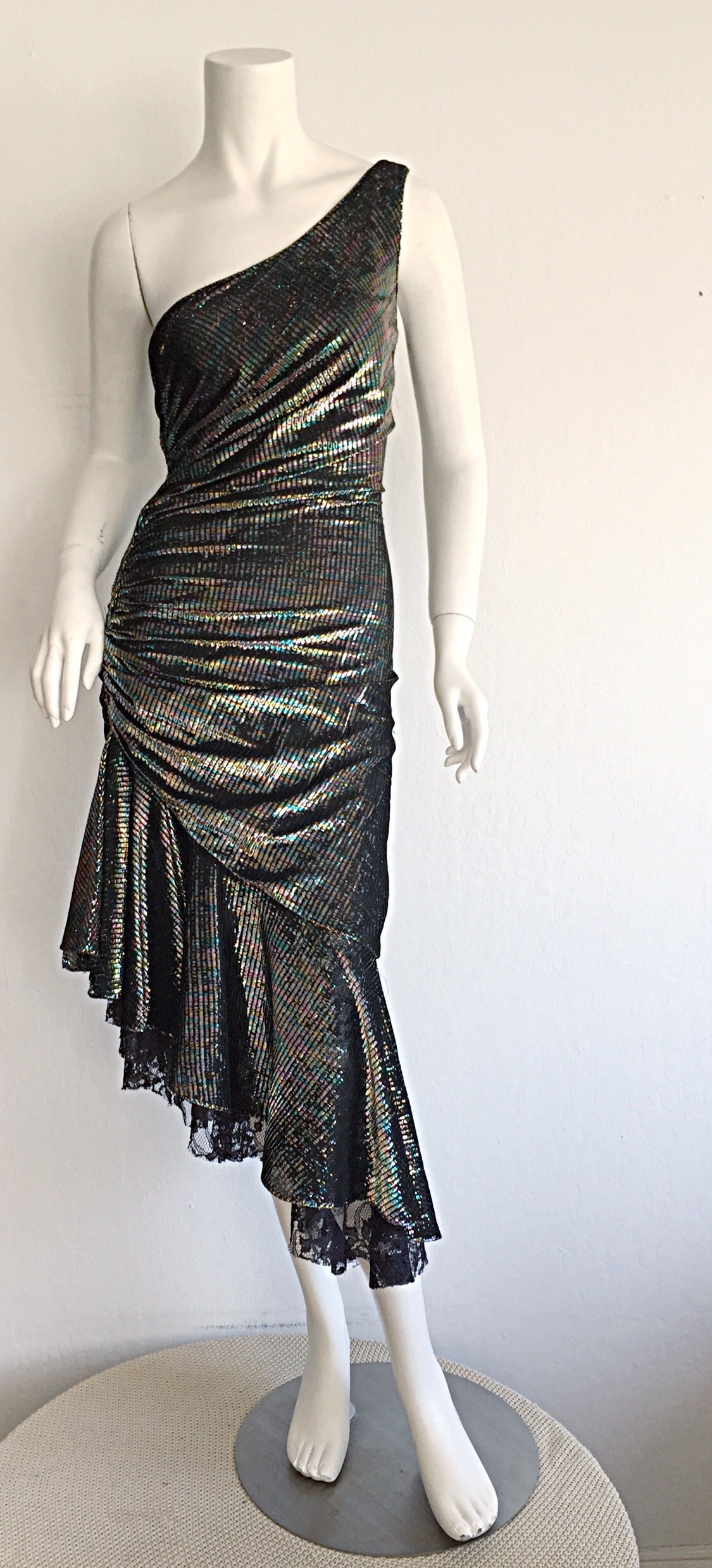 Stunning 1970s Samir One - Shoulder Metallic Rainbow Iridescent Cocktail Dress 3