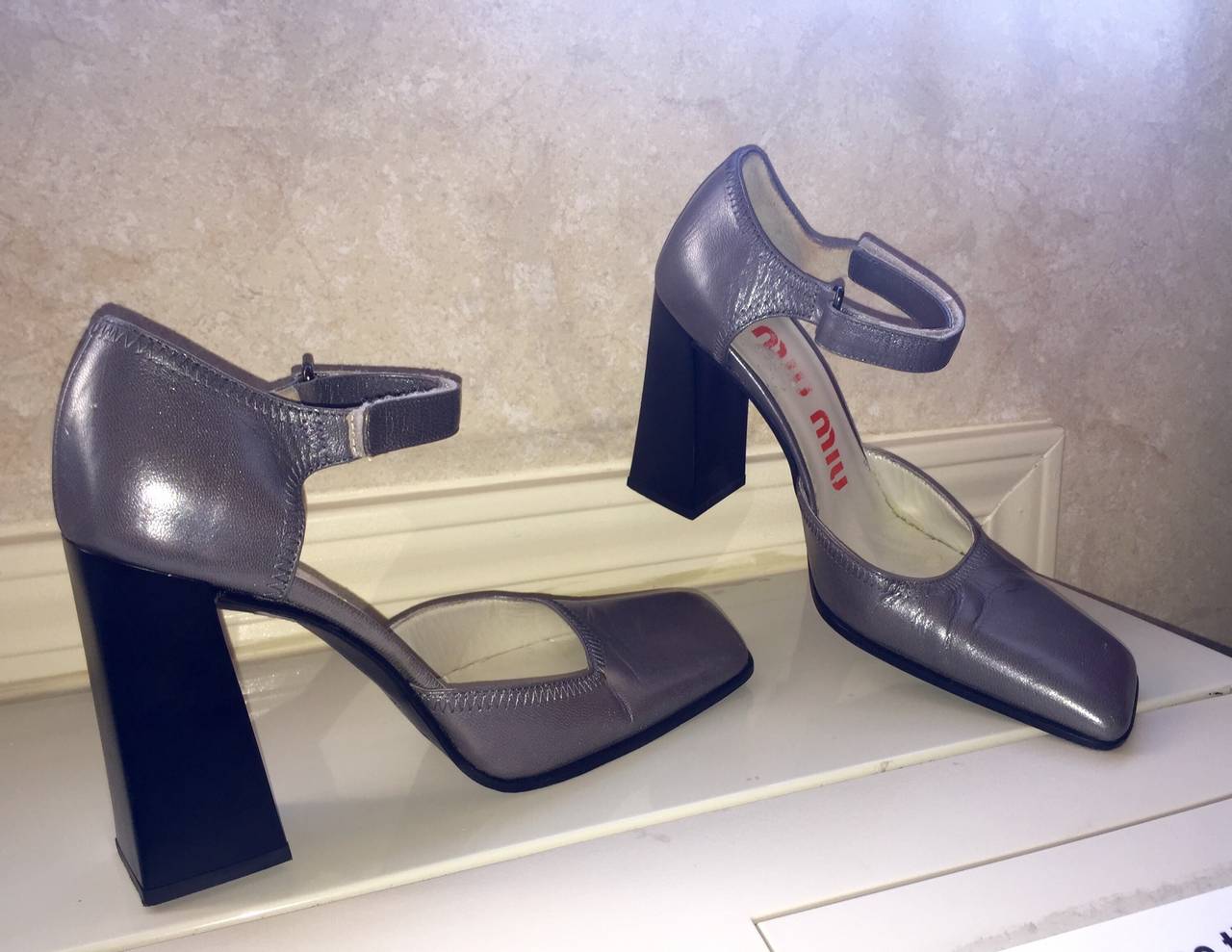 Women's Rare 1990s Vintage Miu Miu ' Architectural ' Gunmetal Block Heels / Shoes 36.5